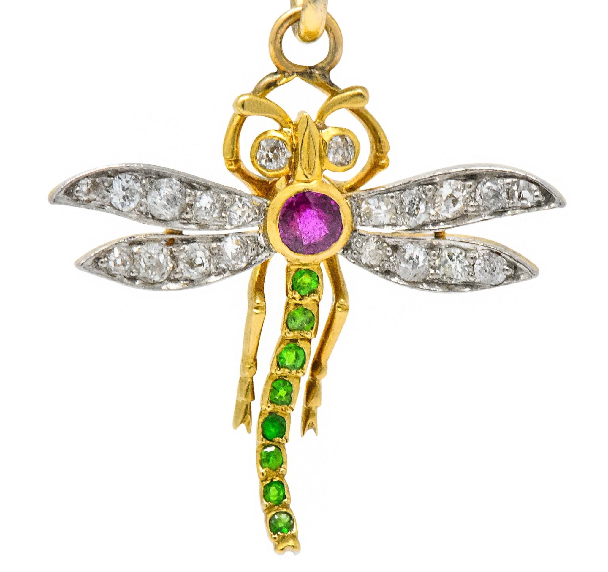 Edwardian 0.75 CTW Diamond Ruby Demantoid Garnet Platinum 18 Karat Gold Dragonfly Charm Pendant - Wilson's Estate Jewelry