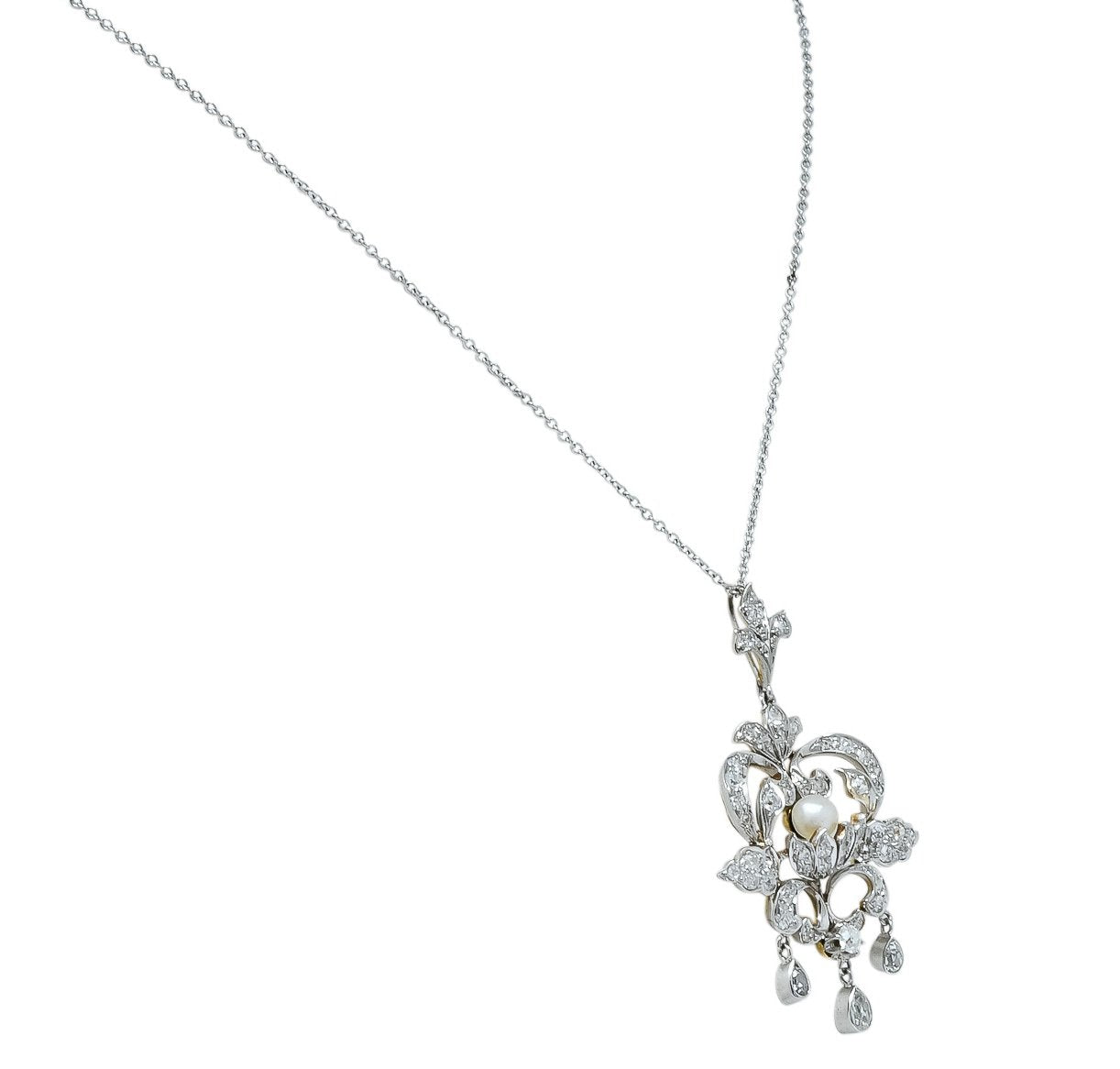 Edwardian 1.20 CTW Diamond Pearl Platinum-Topped 14 Karat Gold Pendant Necklace - Wilson's Estate Jewelry