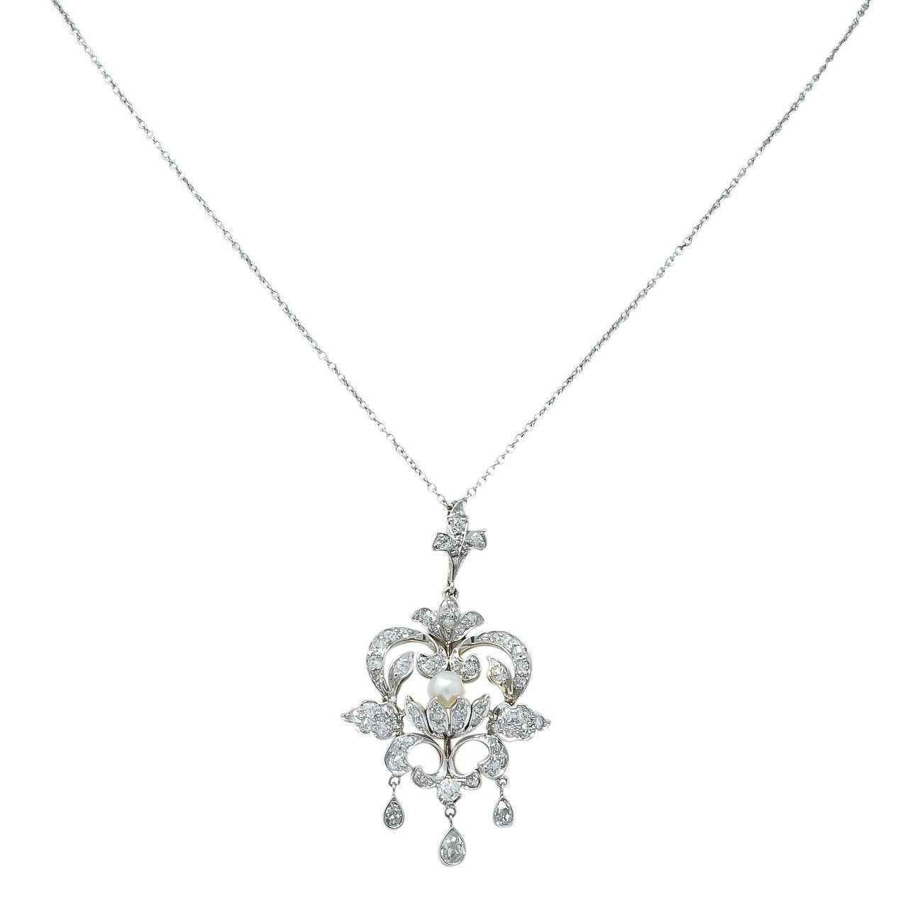 Edwardian 1.20 CTW Diamond Pearl Platinum-Topped 14 Karat Gold Pendant Necklace - Wilson's Estate Jewelry