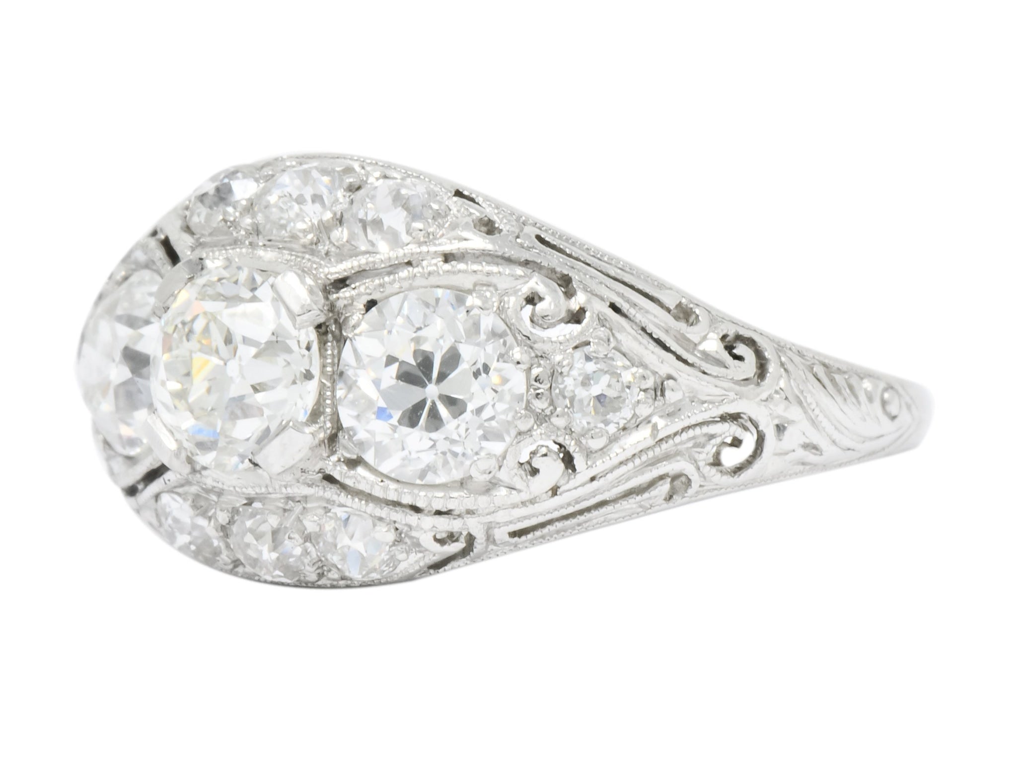 Edwardian 1.45 CTW Old European Diamond Platinum Three Stone Ring - Wilson's Estate Jewelry