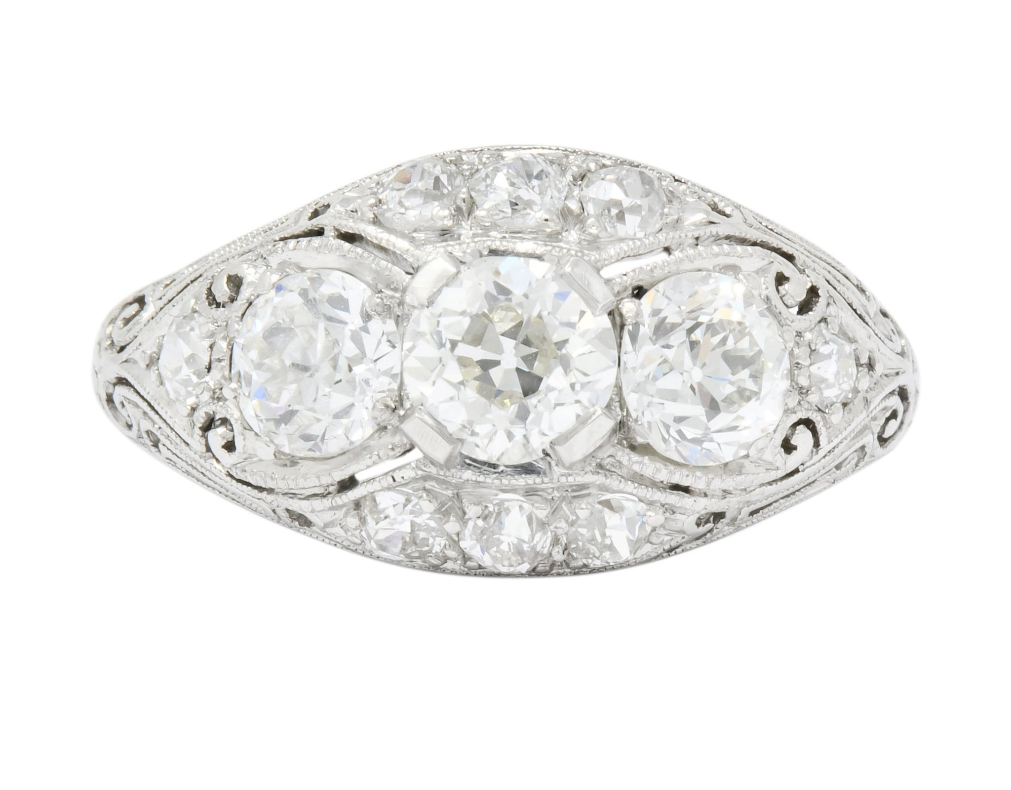 Edwardian 1.45 CTW Old European Diamond Platinum Three Stone Ring - Wilson's Estate Jewelry