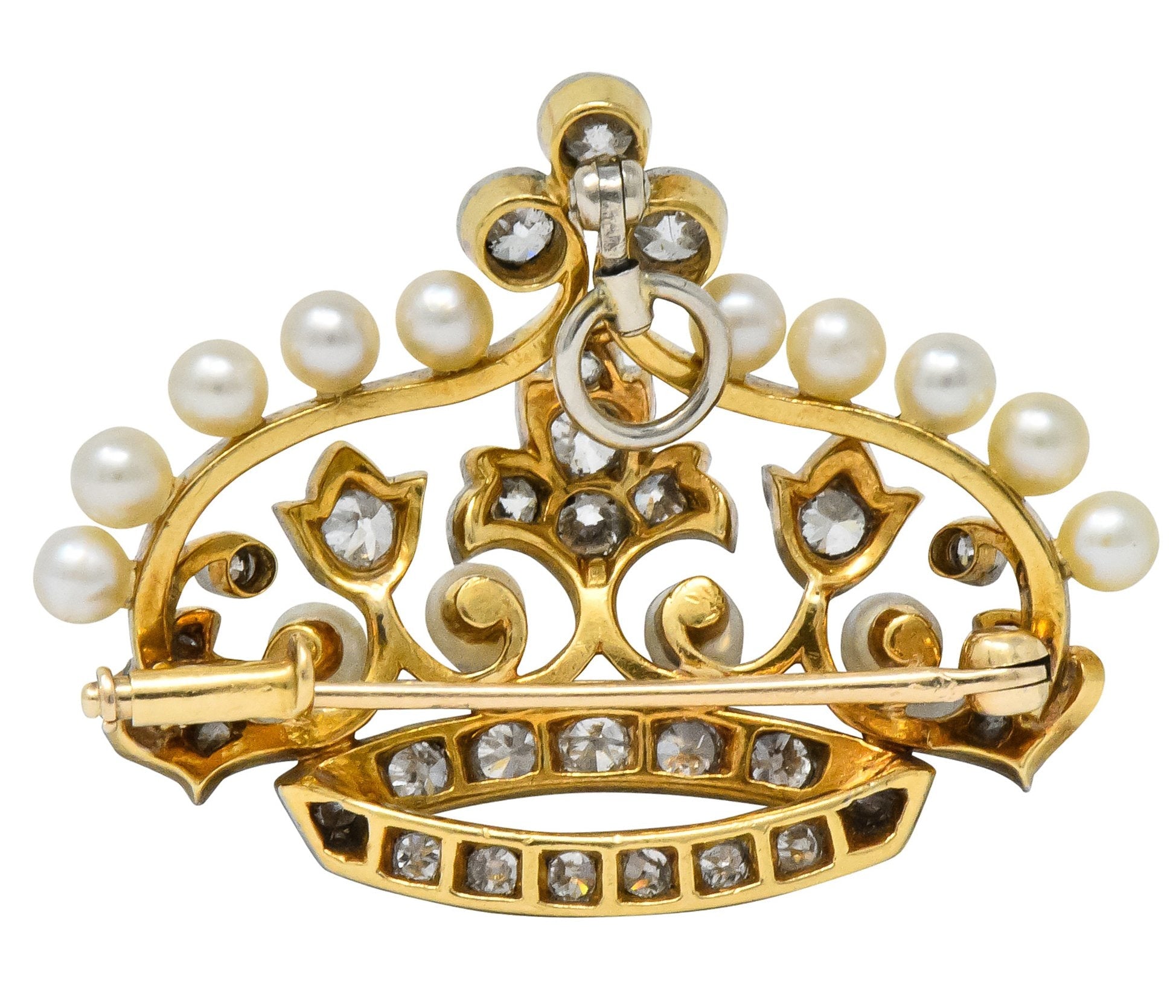 Edwardian 1.58 CTW Old European Diamond Pearl Platinum-Topped Gold Crown Pendant Brooch - Wilson's Estate Jewelry