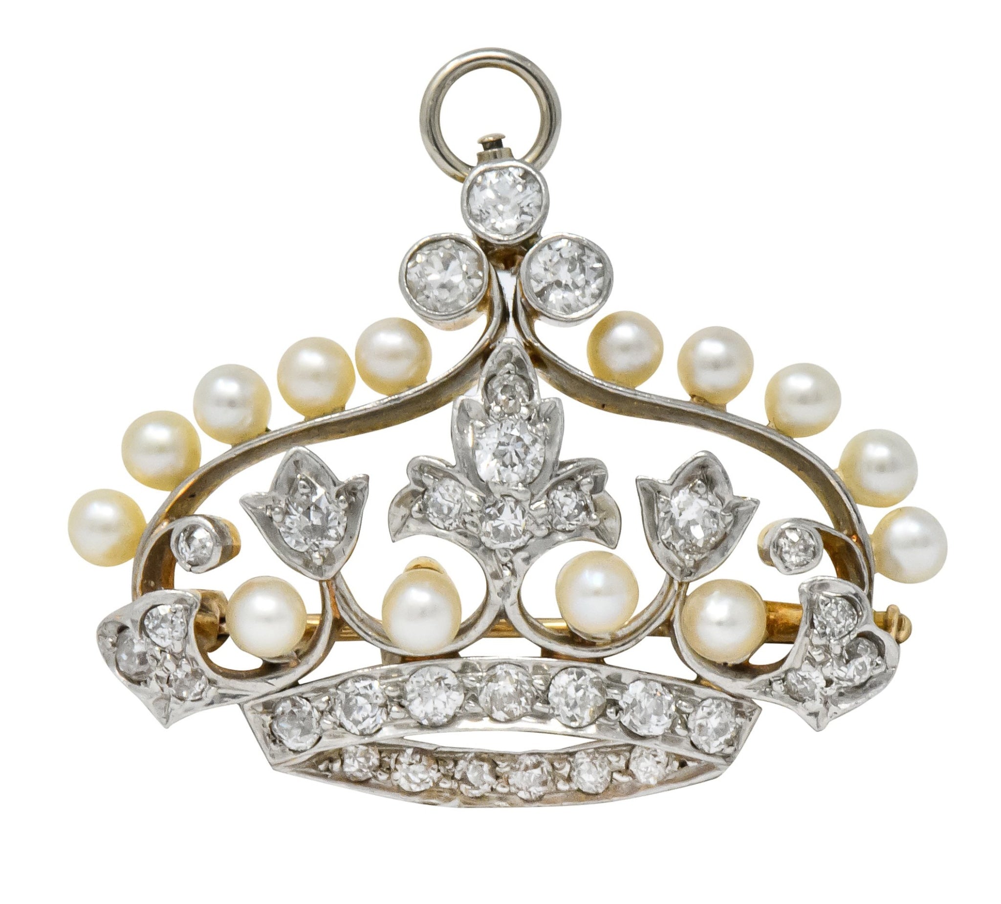 Edwardian 1.58 CTW Old European Diamond Pearl Platinum-Topped Gold Crown Pendant Brooch - Wilson's Estate Jewelry