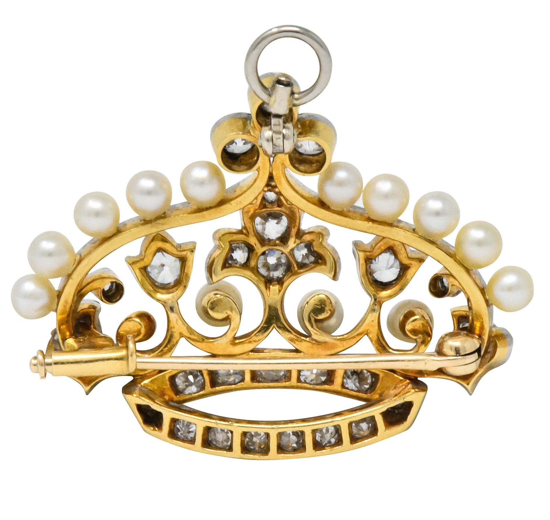 Edwardian 1.58 CTW Old European Diamond Pearl Platinum-Topped Gold Crown Pendant Brooch - Wilson's Estate Jewelry