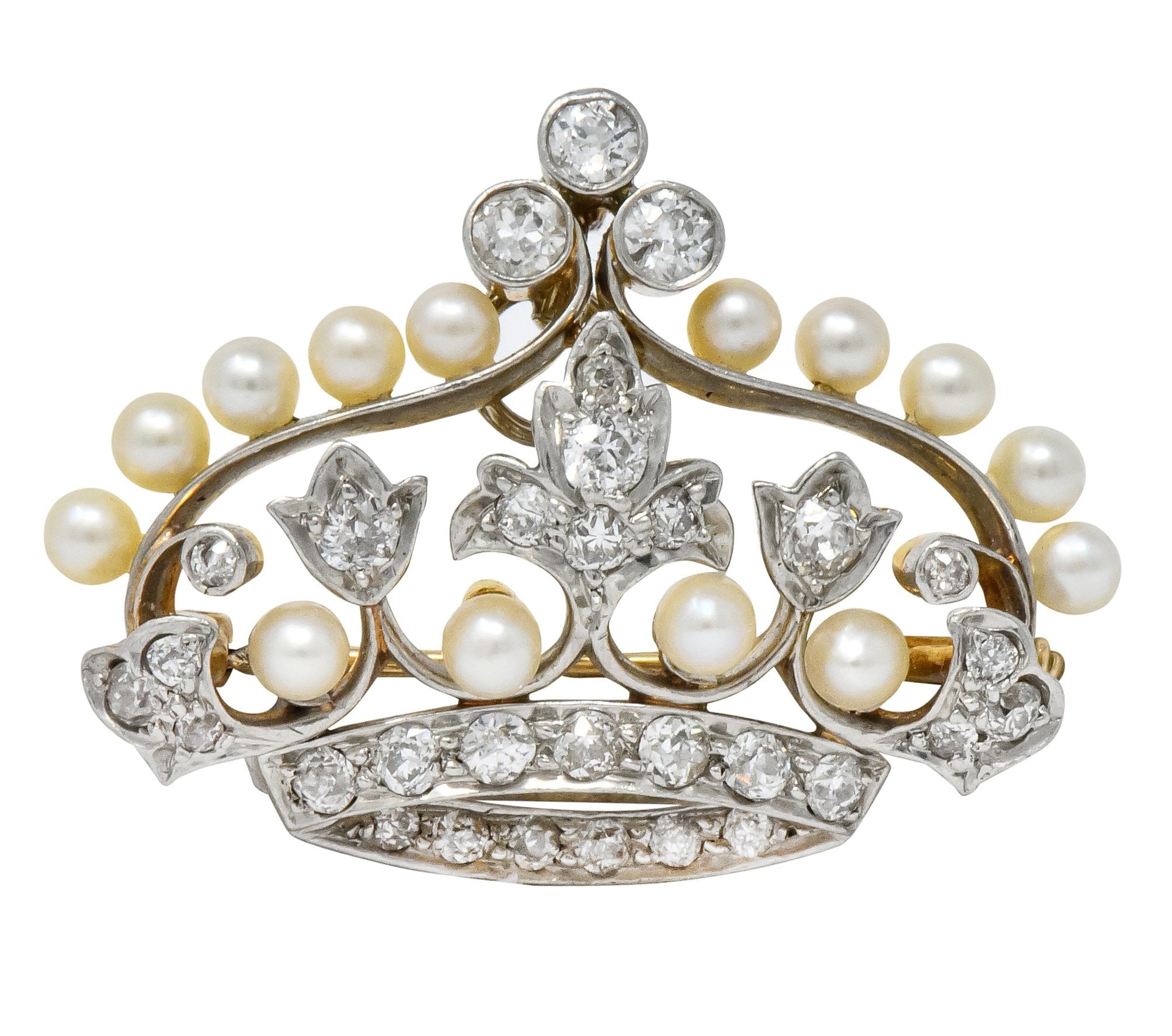 Edwardian 1.58 CTW Old European Diamond Pearl Platinum-Topped Gold Crown Pendant Brooch - Wilson's Estate Jewelry