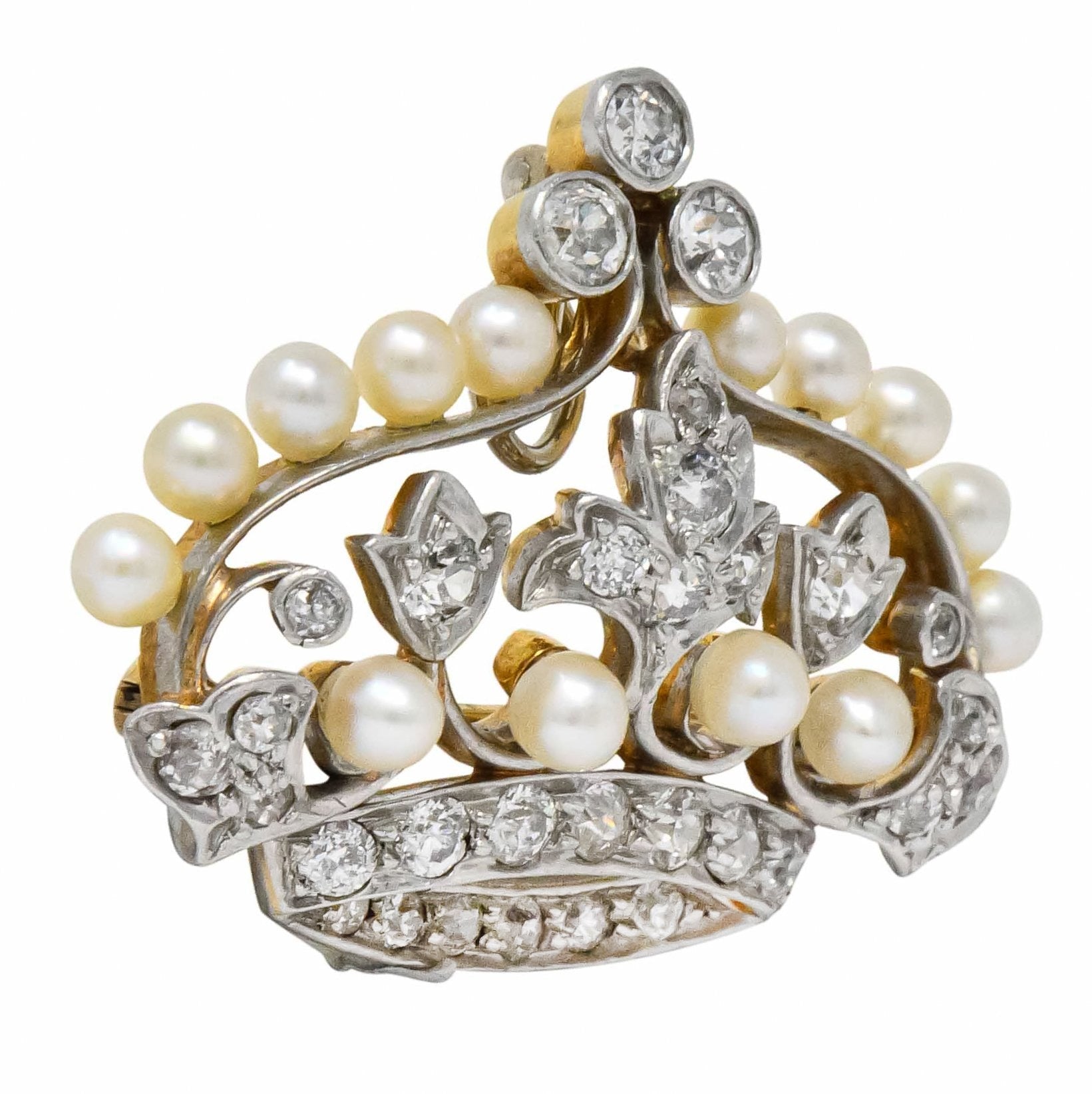 Edwardian 1.58 CTW Old European Diamond Pearl Platinum-Topped Gold Crown Pendant Brooch - Wilson's Estate Jewelry