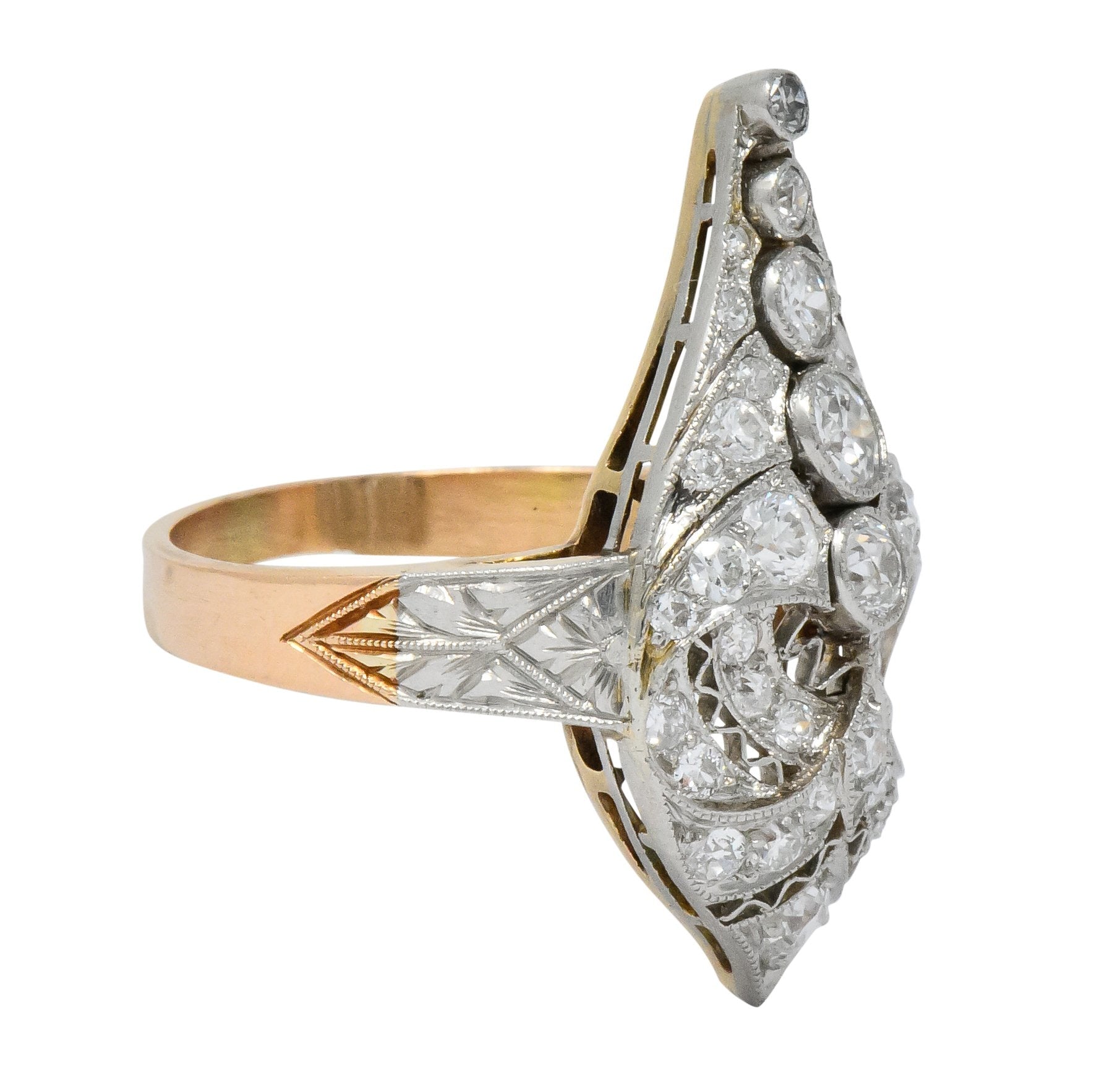 Edwardian 1.60 CTW Old European Diamond Platinum 14 Karat Rose Gold Cocktail Ring - Wilson's Estate Jewelry