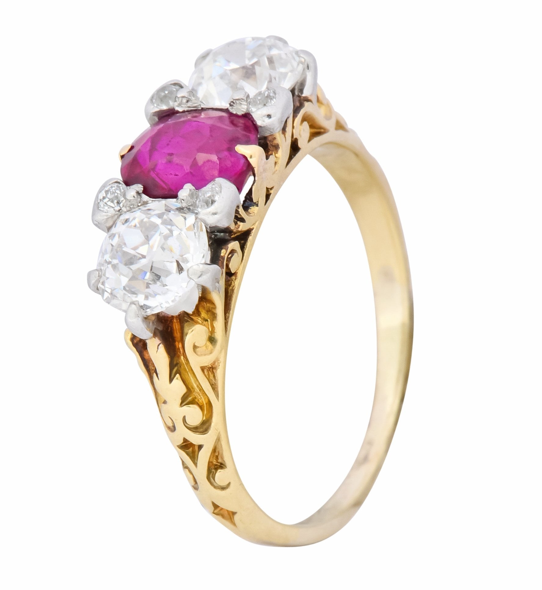 Edwardian 2.48 CTW Burma Ruby Diamond 18 Karat Gold Platinum Three Stone Ring - Wilson's Estate Jewelry