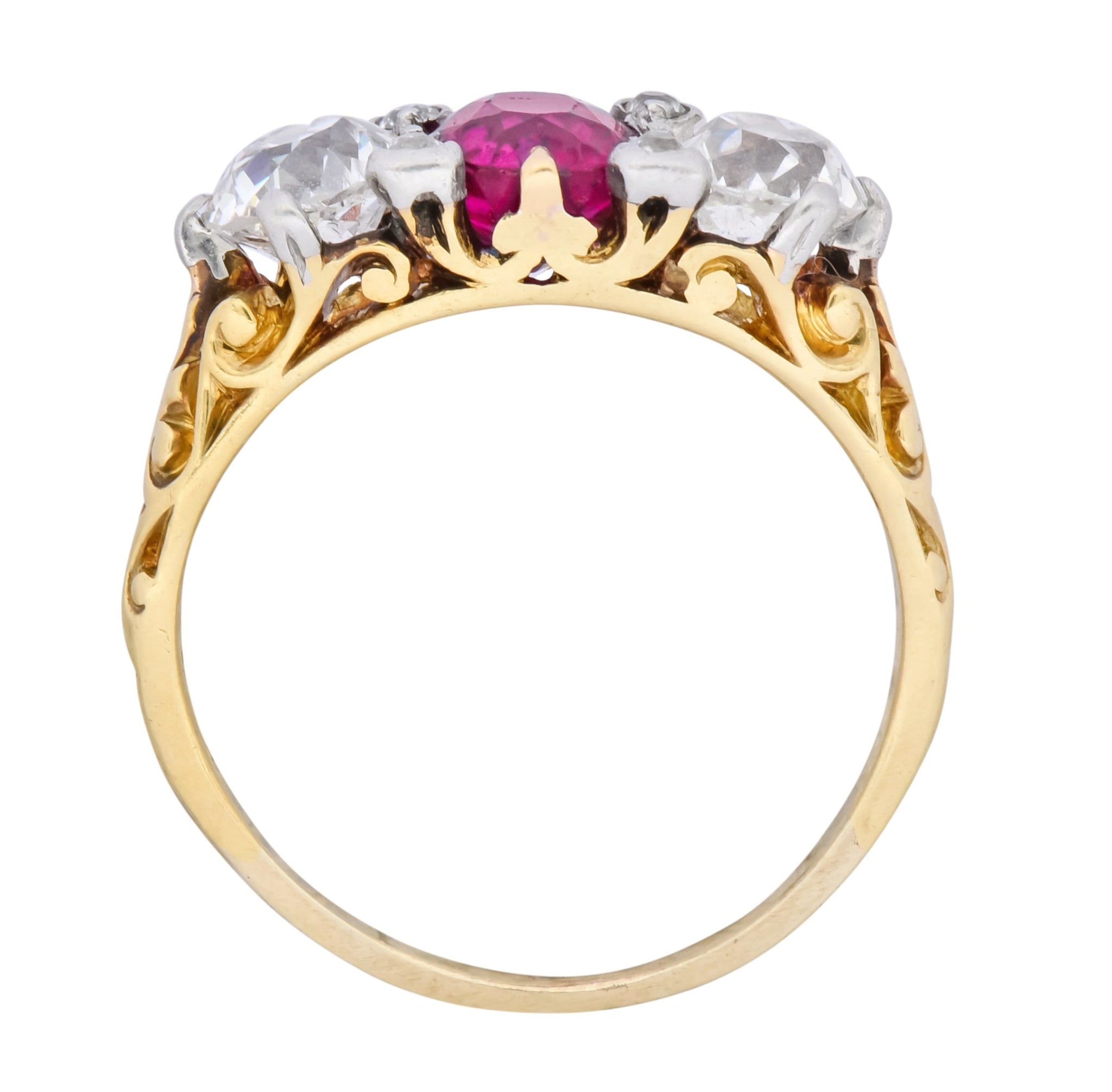 Edwardian 2.48 CTW Burma Ruby Diamond 18 Karat Gold Platinum Three Stone Ring - Wilson's Estate Jewelry