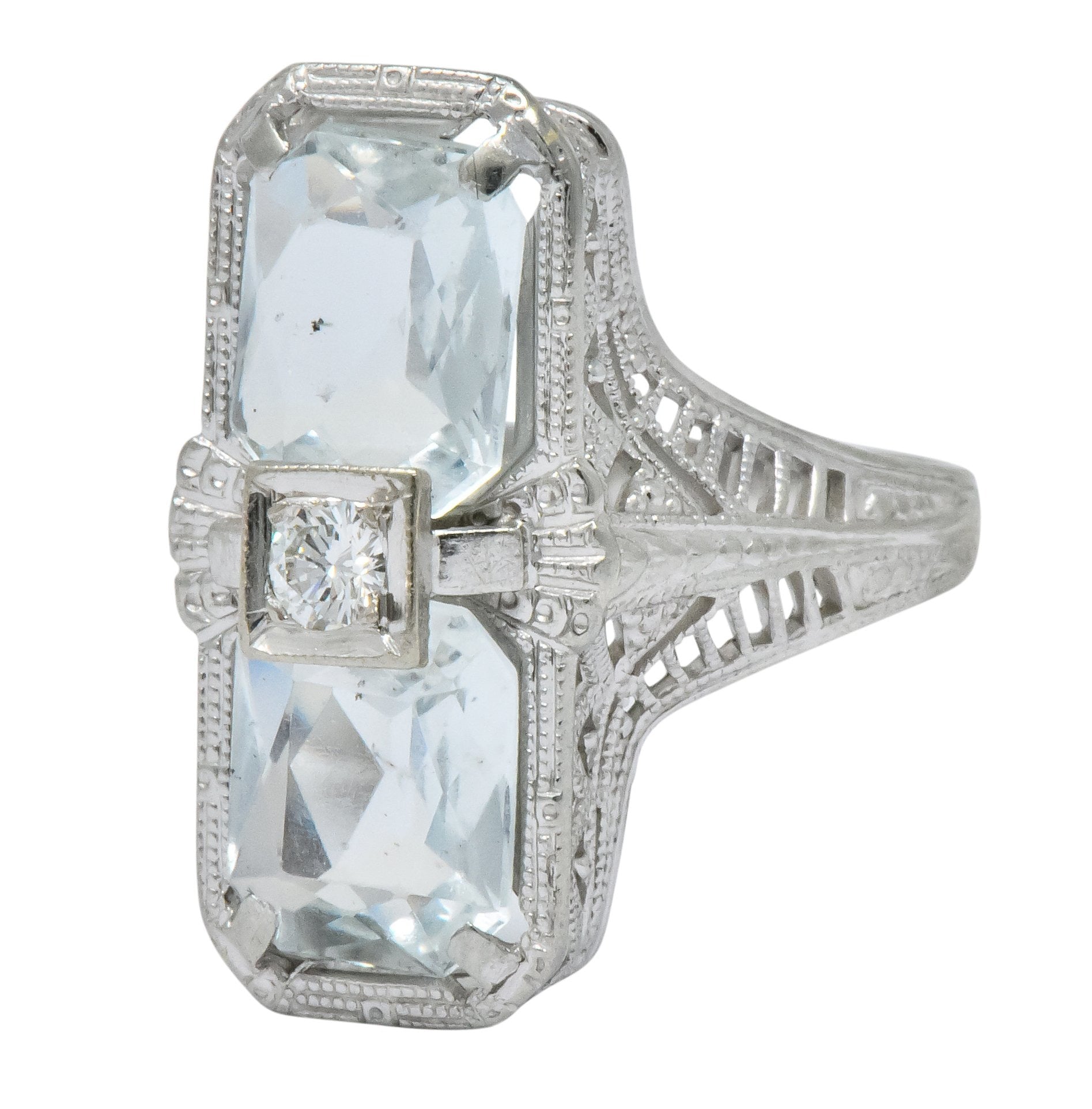 Edwardian 2.60 CTW Aquamarine Diamond 18 Karat White Gold Ring - Wilson's Estate Jewelry