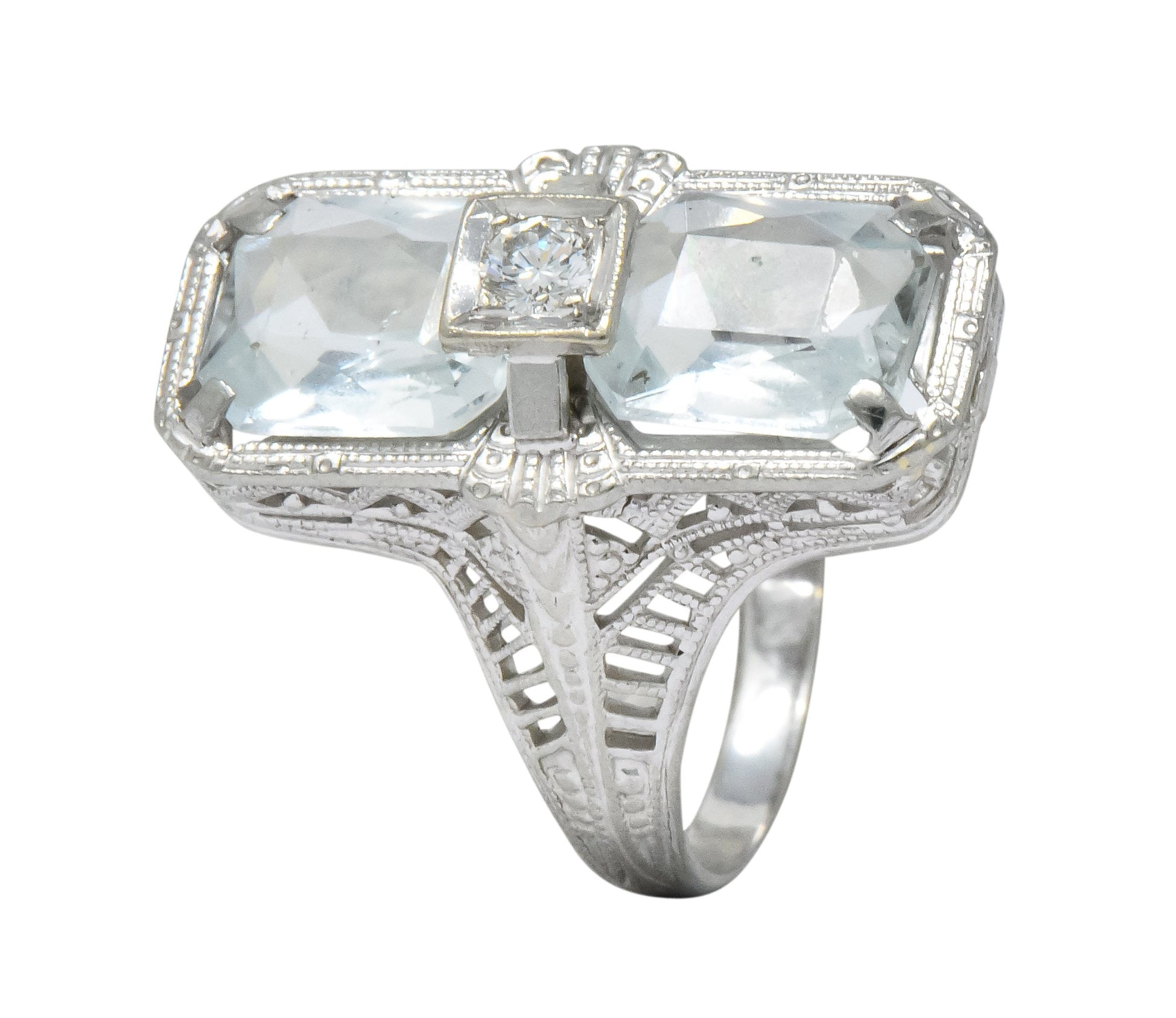 Edwardian 2.60 CTW Aquamarine Diamond 18 Karat White Gold Ring - Wilson's Estate Jewelry