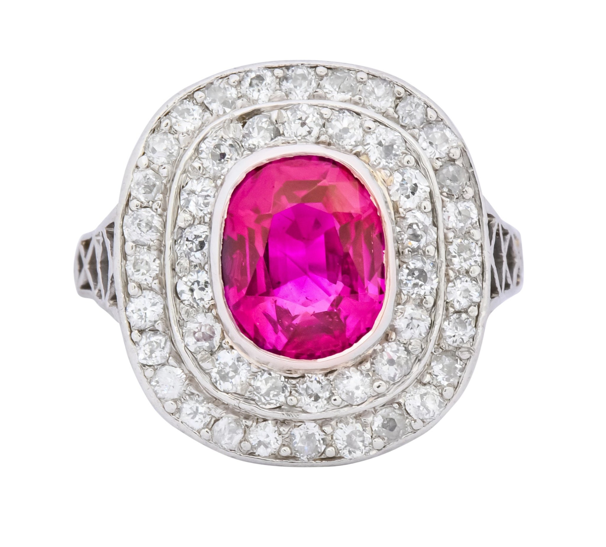 Edwardian 3.37 CTW No Heat Burma Ruby Diamond Halo Platinum Cluster Ring AGL - Wilson's Estate Jewelry