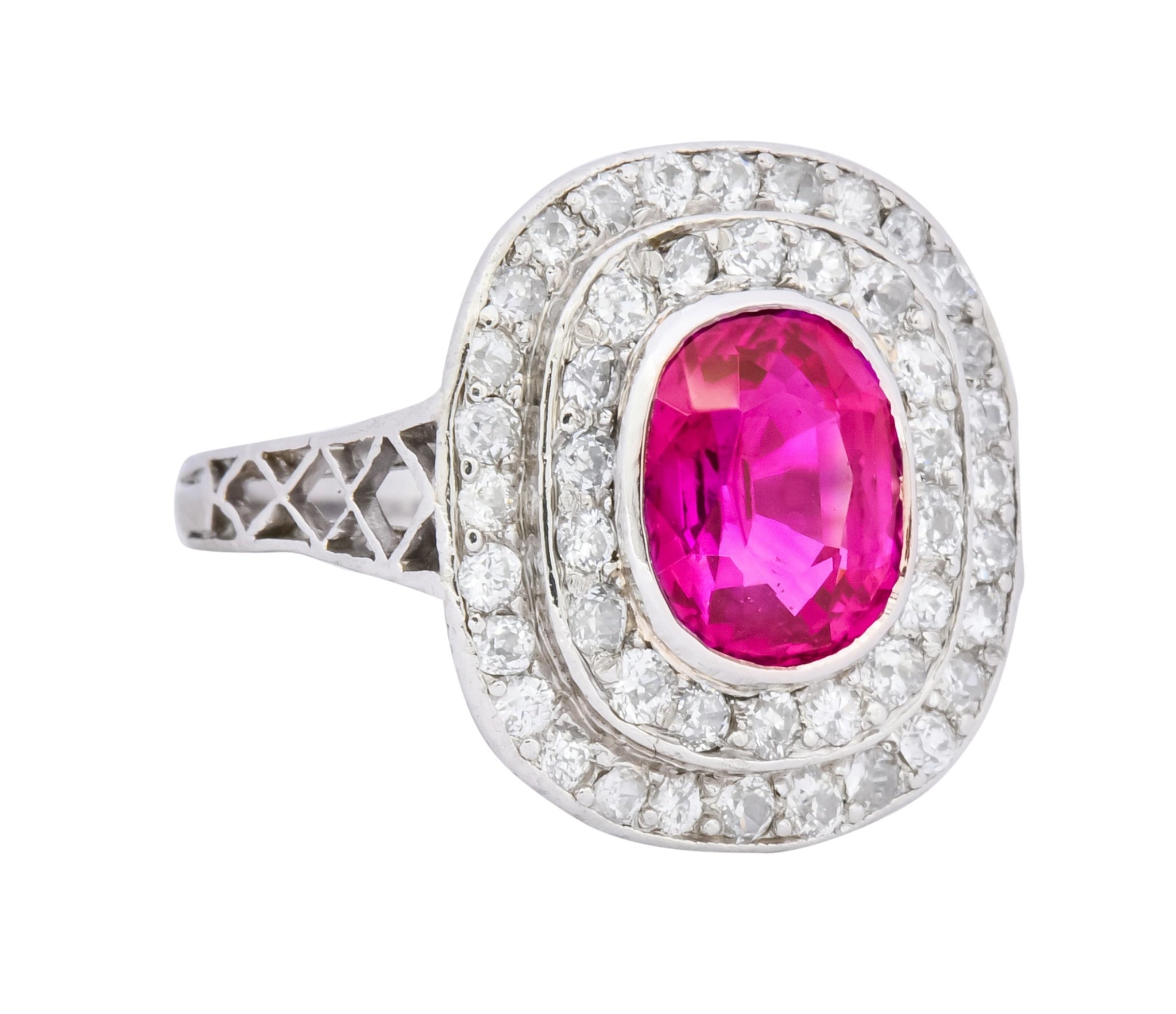 Edwardian 3.37 CTW No Heat Burma Ruby Diamond Halo Platinum Cluster Ring AGL - Wilson's Estate Jewelry