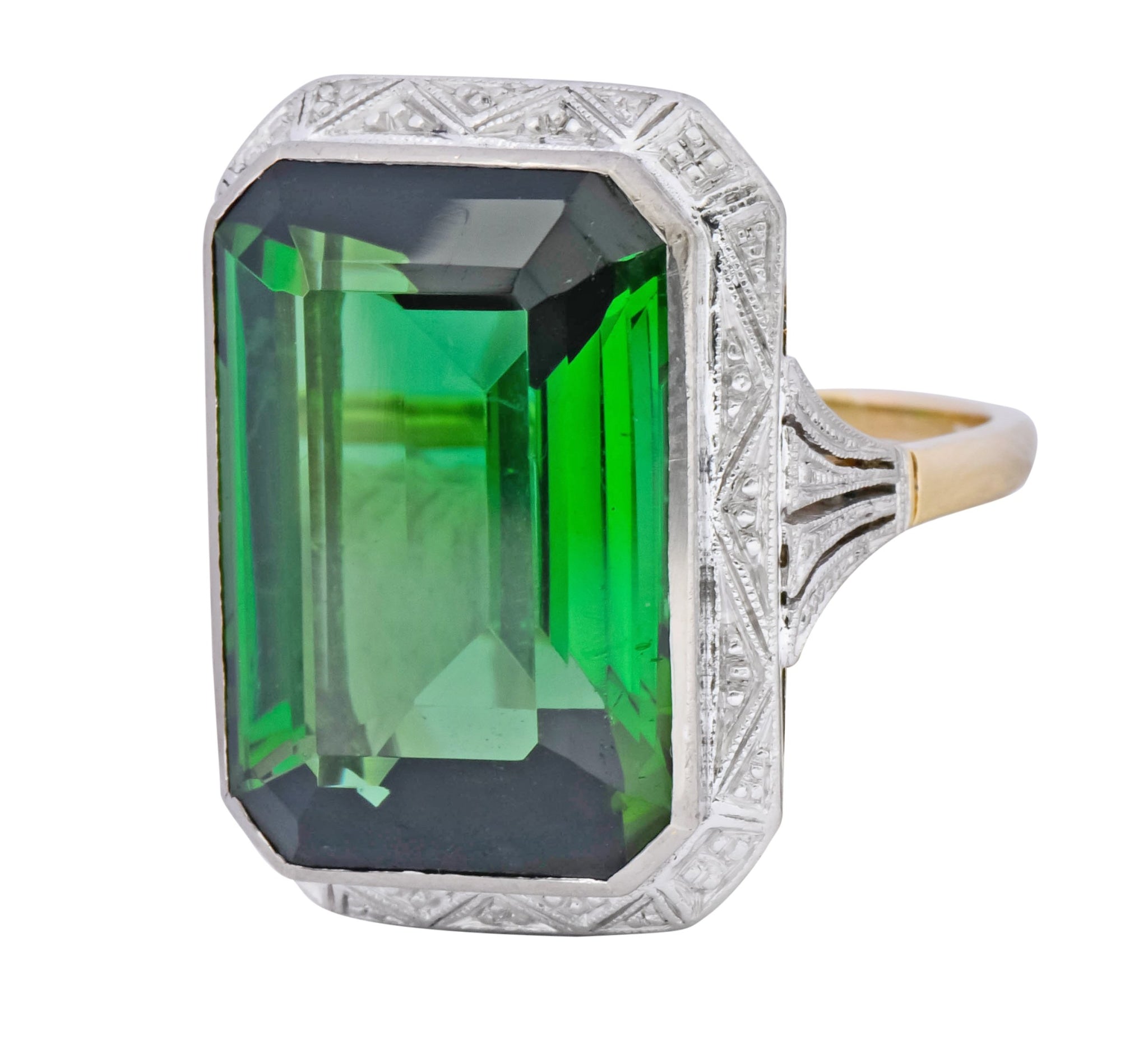 Edwardian 45.28 CTW Green Tourmaline Platinum-Topped 14 Karat Gold Cocktail Ring - Wilson's Estate Jewelry