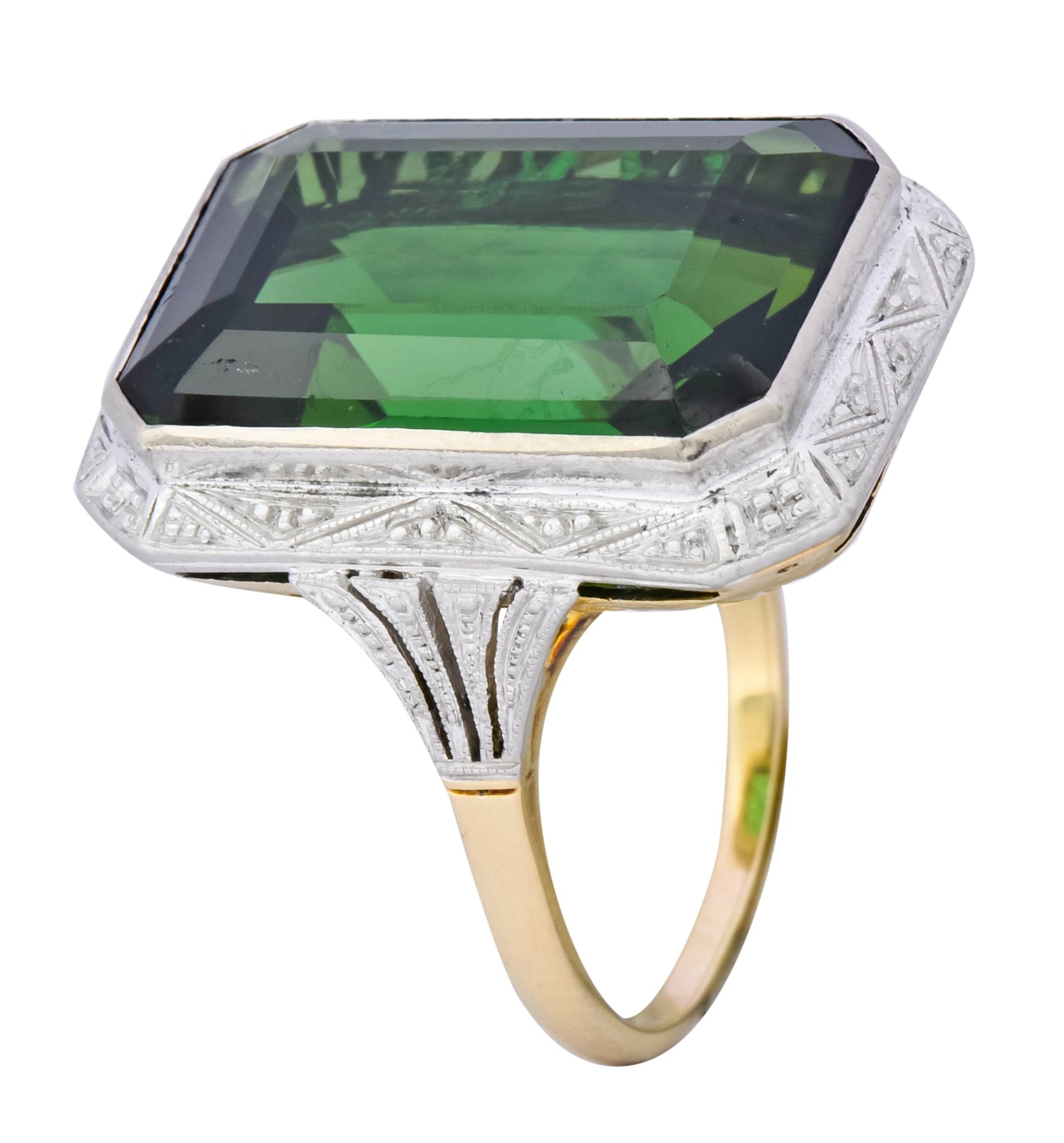 Edwardian 45.28 CTW Green Tourmaline Platinum-Topped 14 Karat Gold Cocktail Ring - Wilson's Estate Jewelry