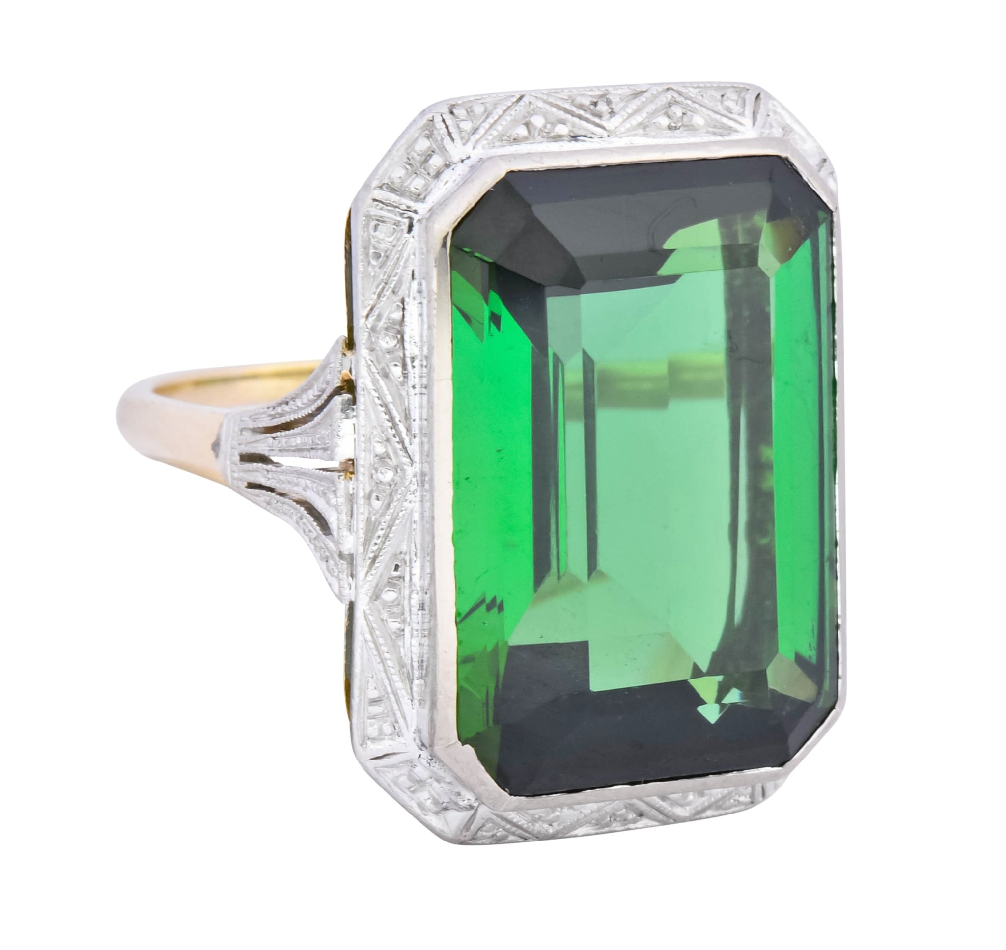 Edwardian 45.28 CTW Green Tourmaline Platinum-Topped 14 Karat Gold Cocktail Ring - Wilson's Estate Jewelry