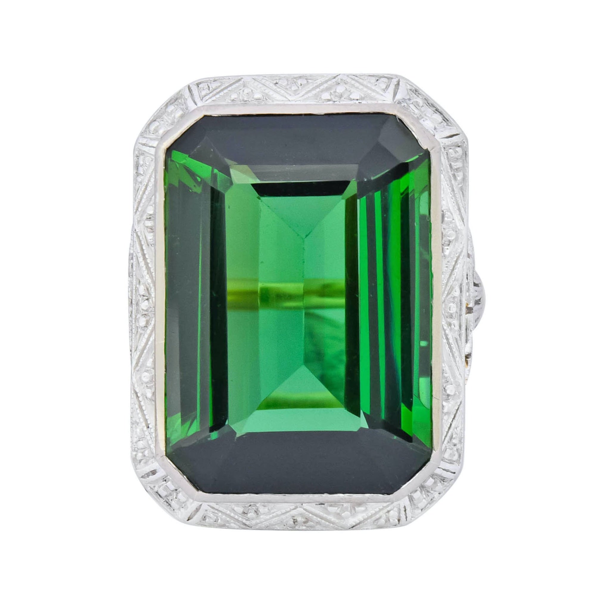 Edwardian 45.28 CTW Green Tourmaline Platinum-Topped 14 Karat Gold Cocktail Ring - Wilson's Estate Jewelry