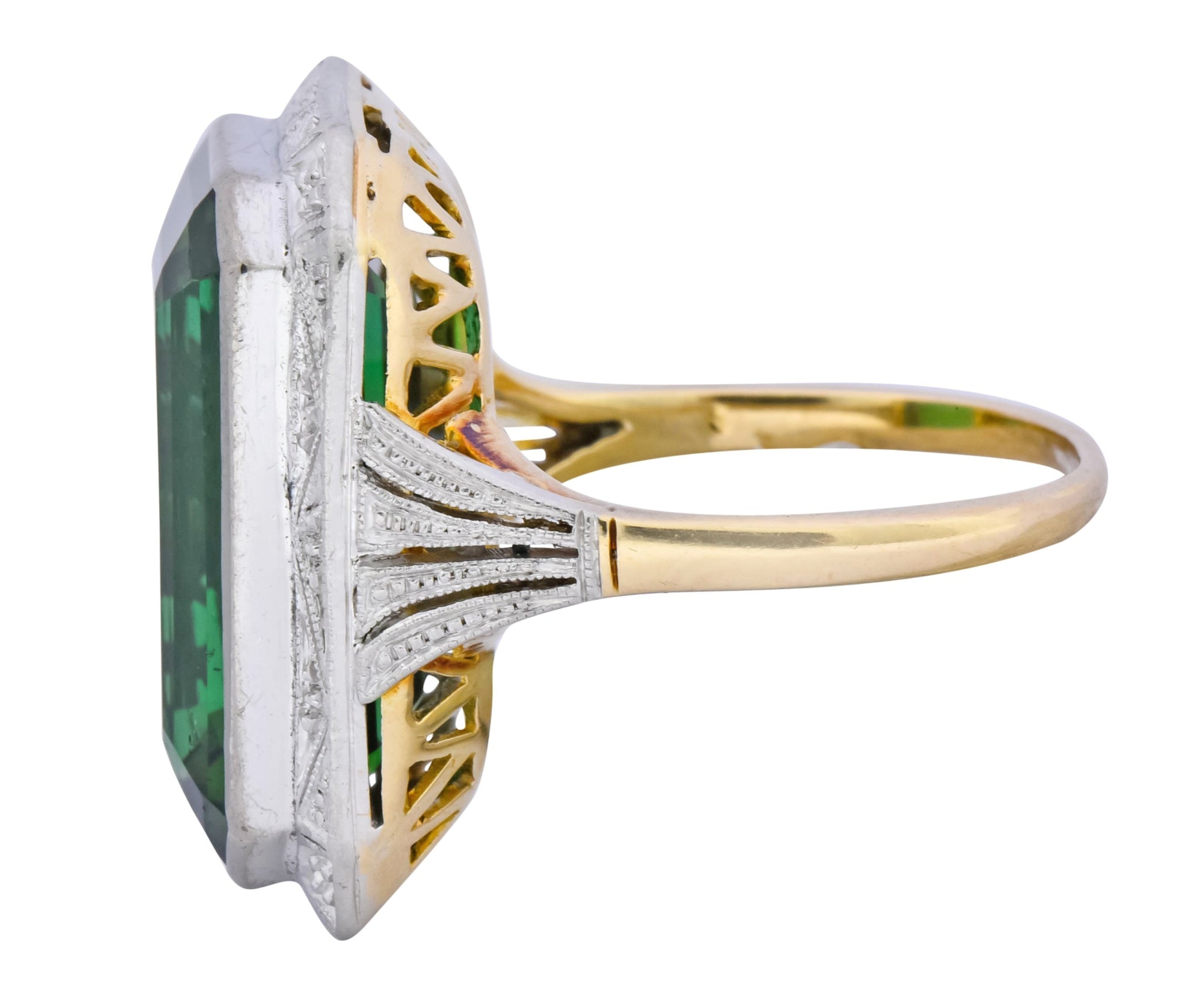 Edwardian 45.28 CTW Green Tourmaline Platinum-Topped 14 Karat Gold Cocktail Ring - Wilson's Estate Jewelry