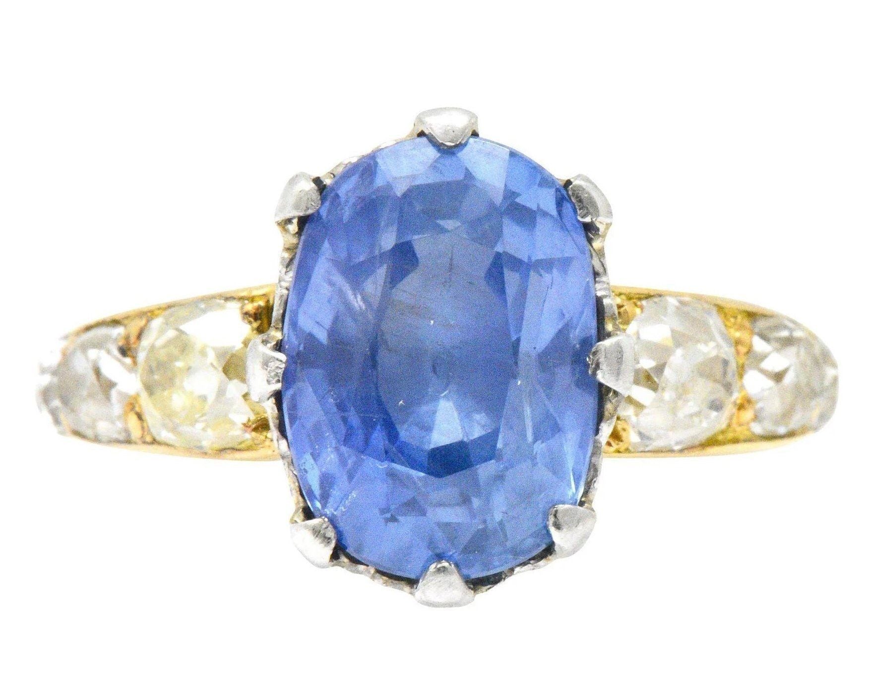 Edwardian 8.66 CTW Ceylon Sapphire Diamond Platinum 18 Karat Gold Ring Wilson's Estate Jewelry