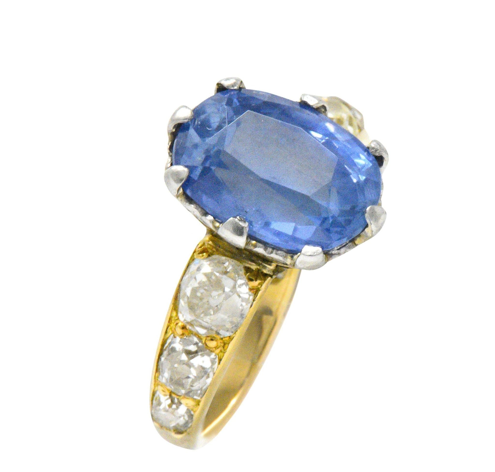 Edwardian 8.66 CTW Ceylon Sapphire Diamond Platinum 18 Karat Gold Ring Wilson's Estate Jewelry