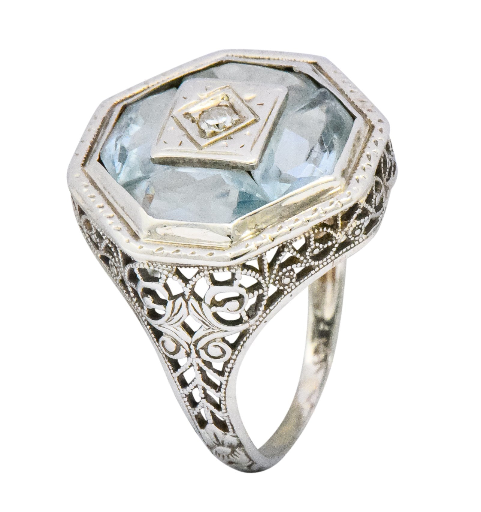 Edwardian Aquamarine Diamond 14 Karat White Gold Dinner Ring - Wilson's Estate Jewelry