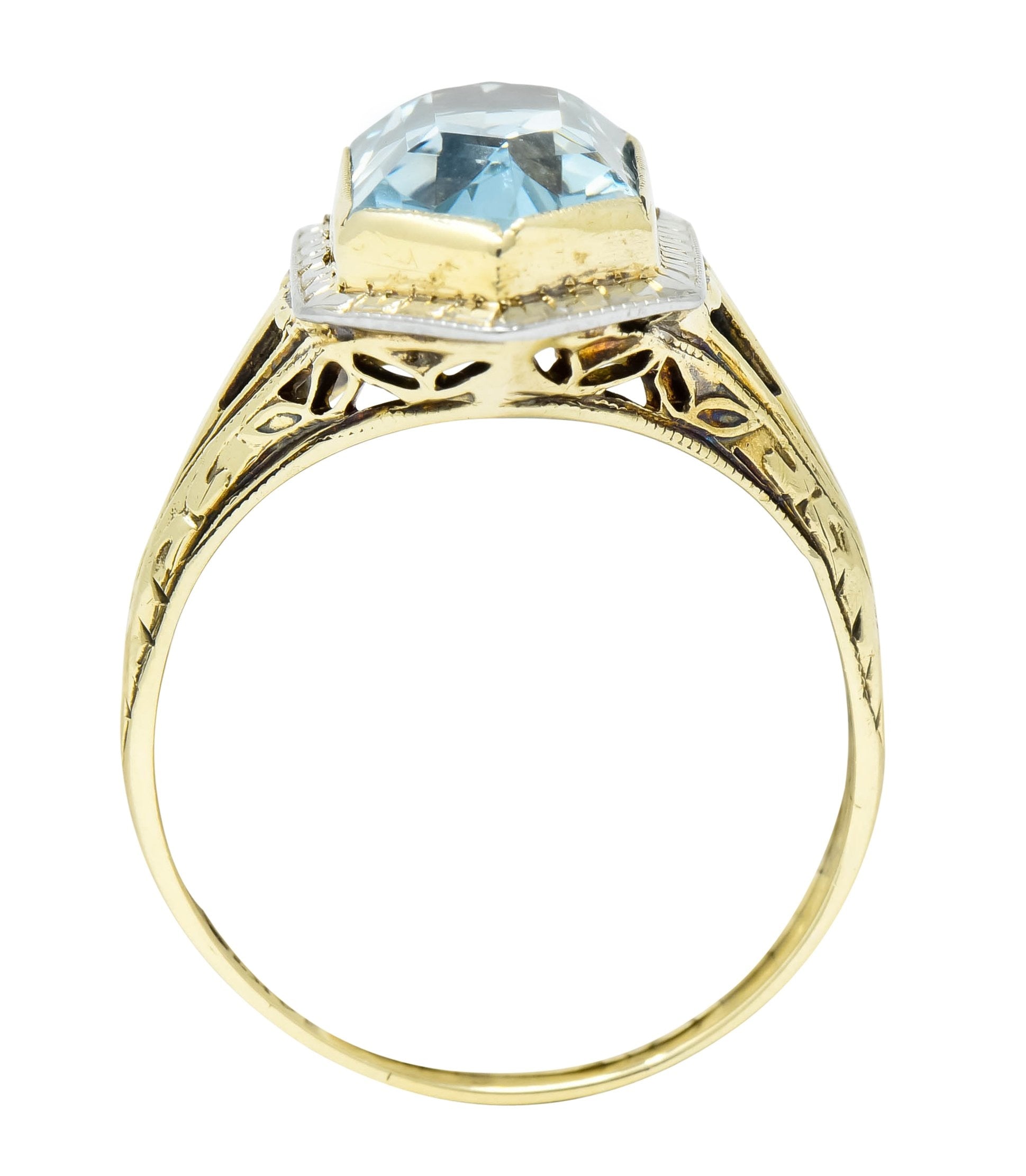 Edwardian Aquamarine Platinum-Topped 14 Karat Gold Hexagonal Ring - Wilson's Estate Jewelry