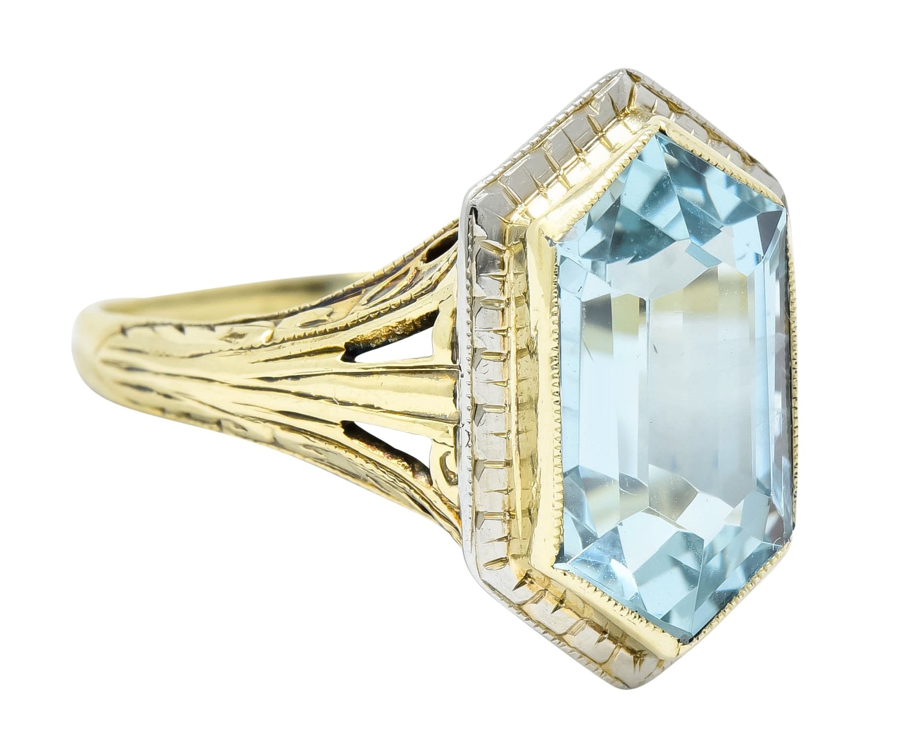 Edwardian Aquamarine Platinum-Topped 14 Karat Gold Hexagonal Ring - Wilson's Estate Jewelry