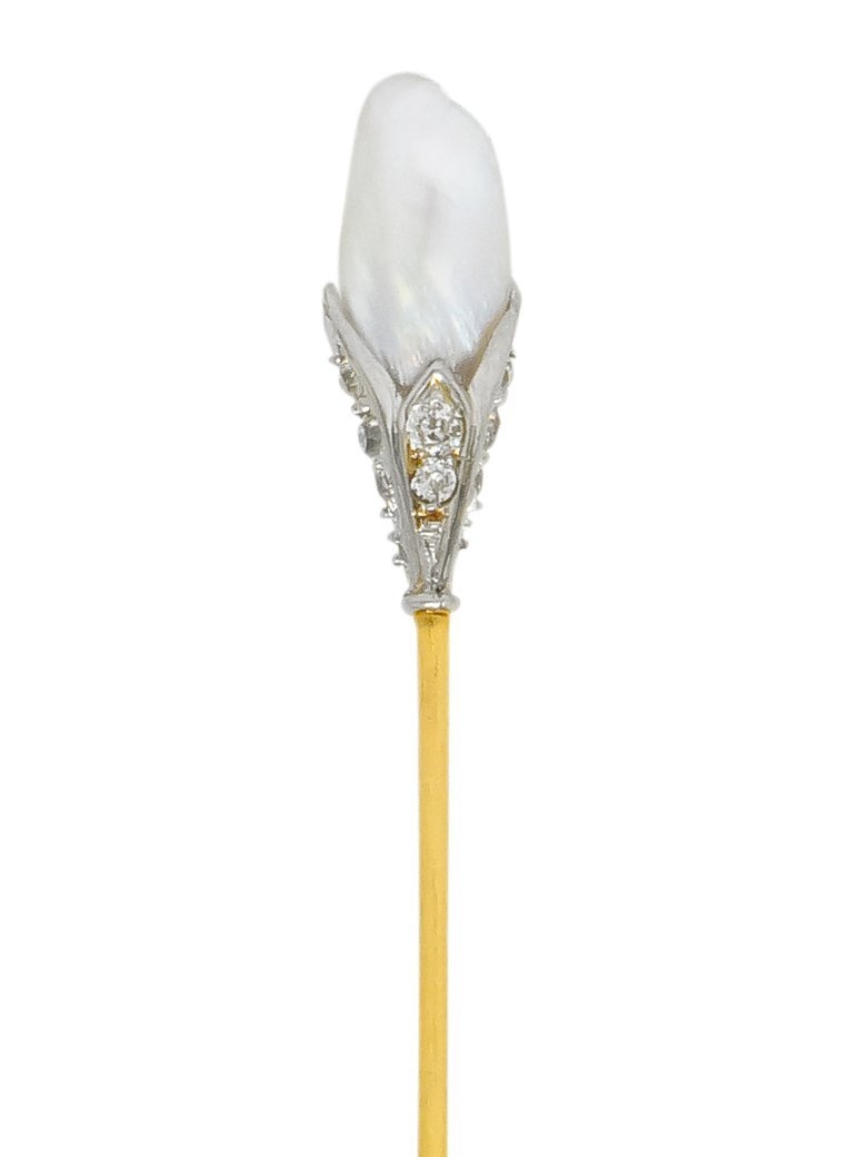 Edwardian Baroque Pearl Diamond Platinum Gold Stickpin - Wilson's Estate Jewelry