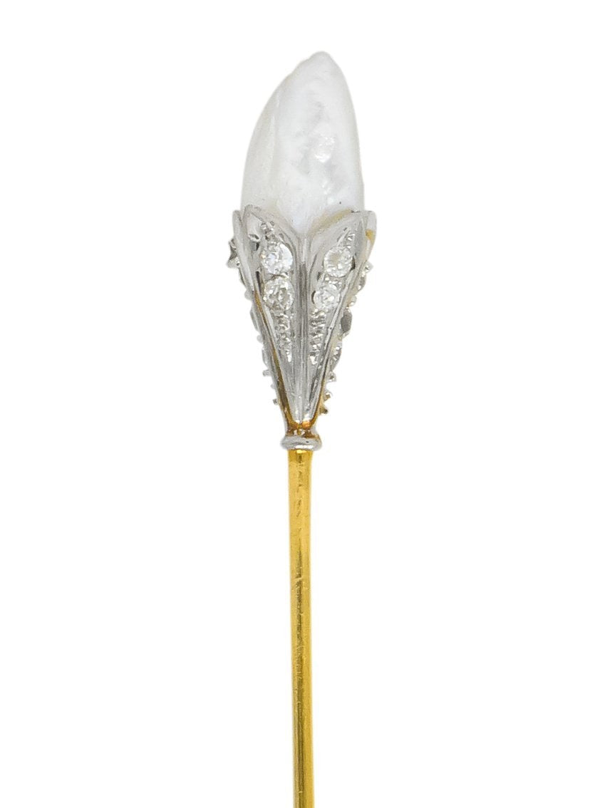 Edwardian Baroque Pearl Diamond Platinum Gold Stickpin - Wilson's Estate Jewelry