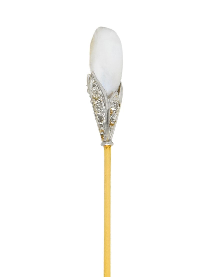 Edwardian Baroque Pearl Diamond Platinum Gold Stickpin - Wilson's Estate Jewelry