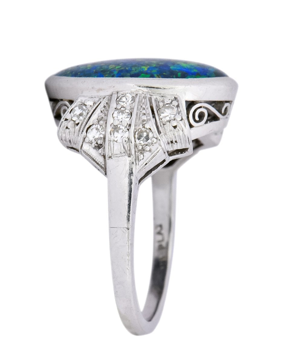 Edwardian Black Opal Diamond Platinum Cocktail Ring - Wilson's Estate Jewelry