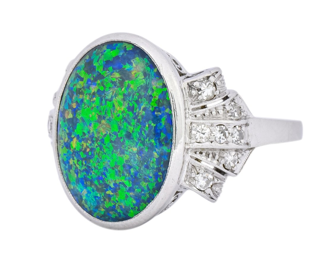 Edwardian Black Opal Diamond Platinum Cocktail Ring - Wilson's Estate Jewelry