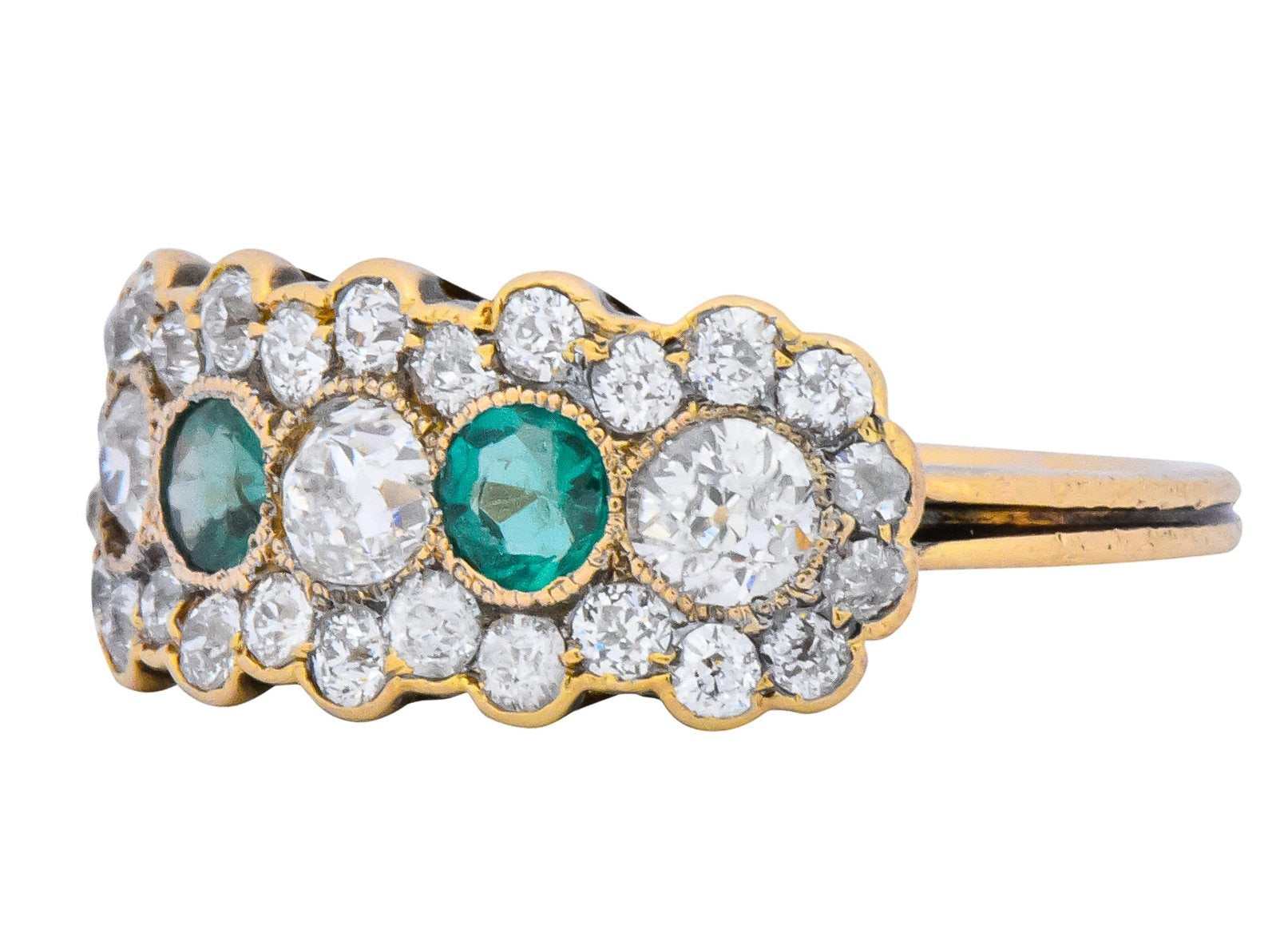 Edwardian Bridger 1.60 CTW Diamond Emerald 18 Karat Gold Cluster Anniversary Ring - Wilson's Estate Jewelry