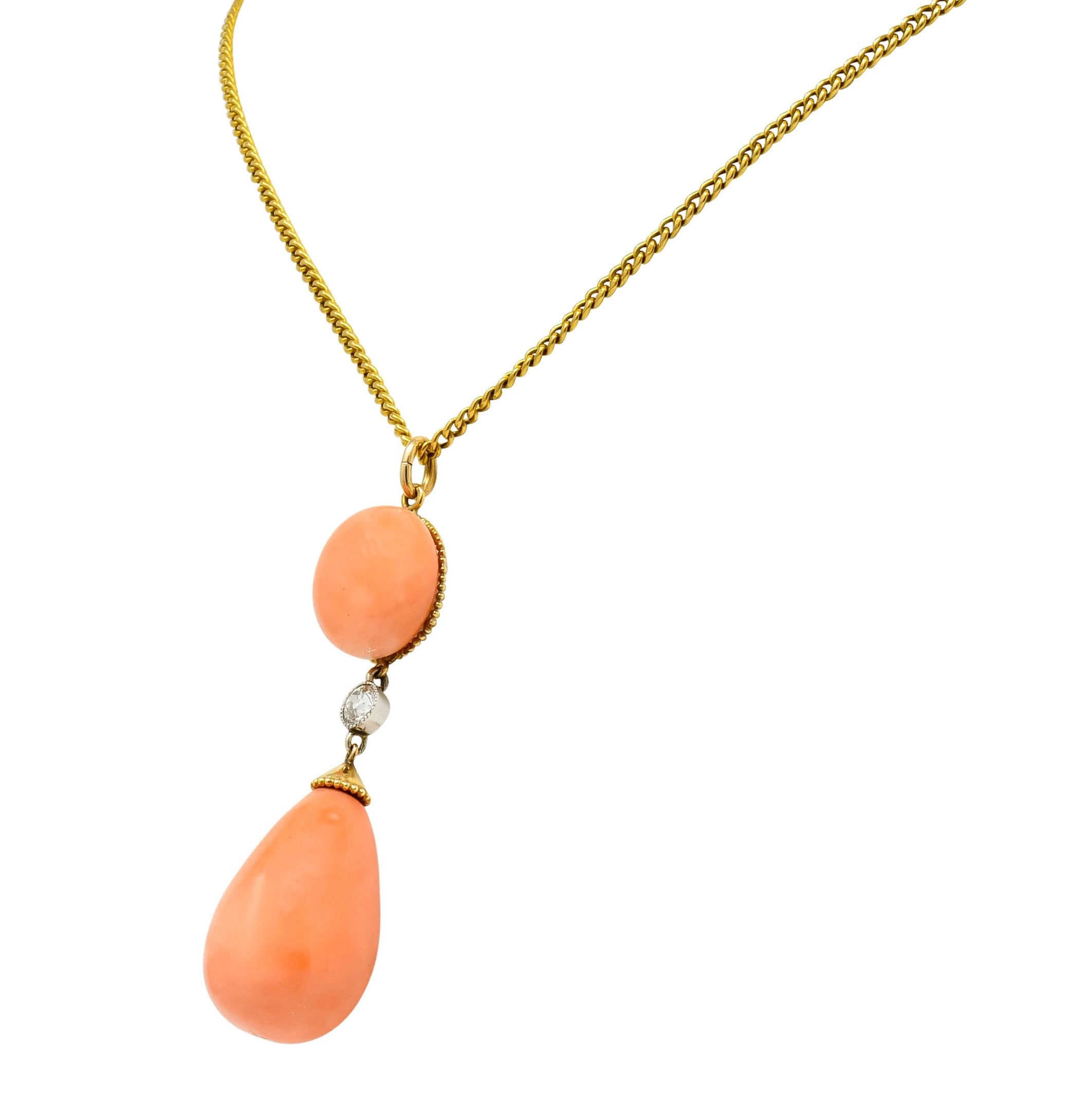 Edwardian Coral Diamond Platinum Gold Drop Pendant Necklace Circa 1940s - Wilson's Estate Jewelry