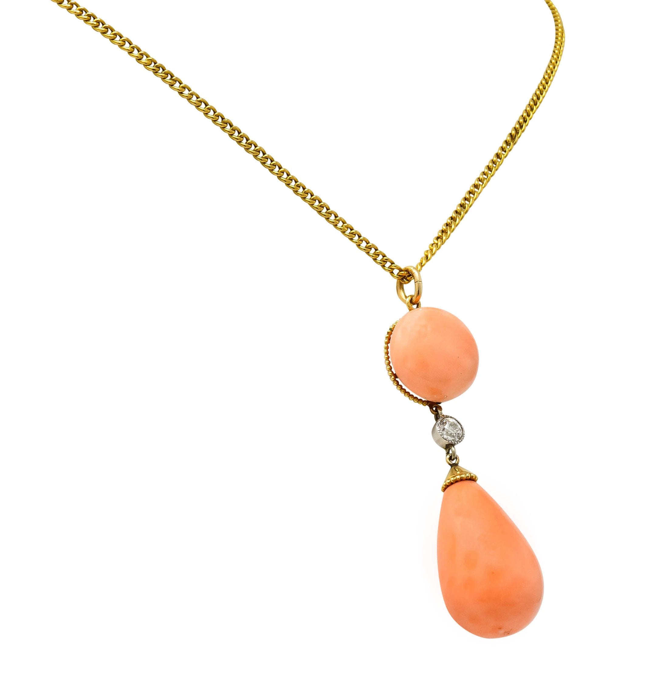 Edwardian Coral Diamond Platinum Gold Drop Pendant Necklace Circa 1940s - Wilson's Estate Jewelry