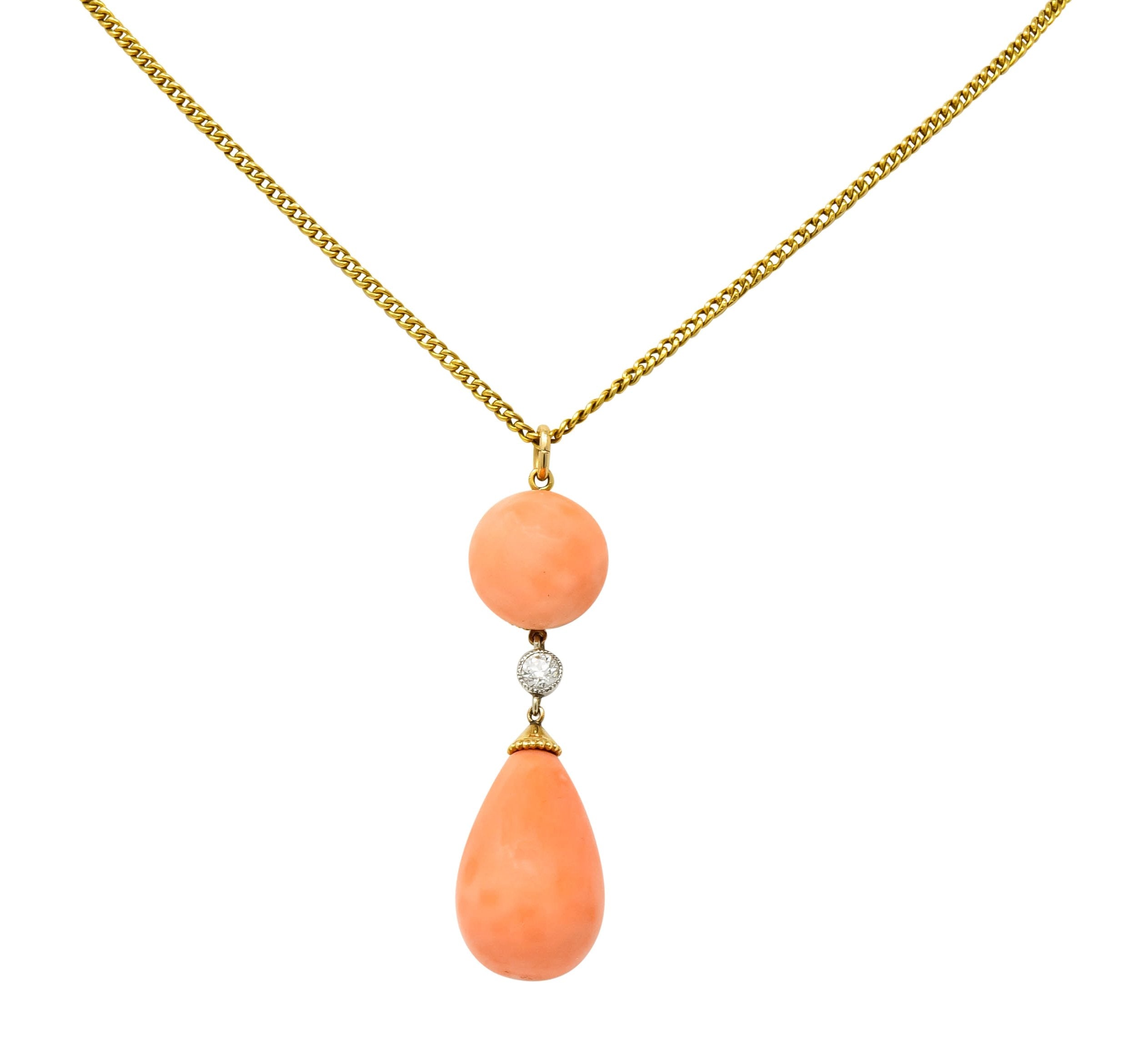 Edwardian Coral Diamond Platinum Gold Drop Pendant Necklace Circa 1940s - Wilson's Estate Jewelry