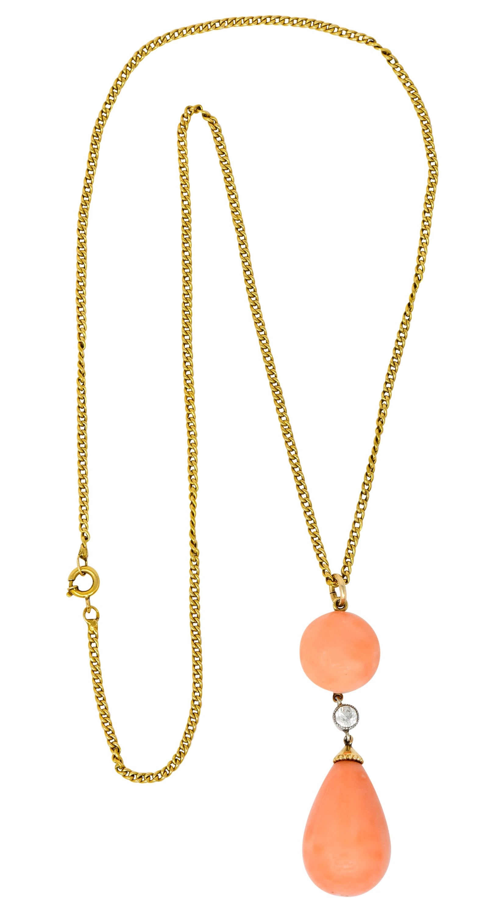 Edwardian Coral Diamond Platinum Gold Drop Pendant Necklace Circa 1940s - Wilson's Estate Jewelry