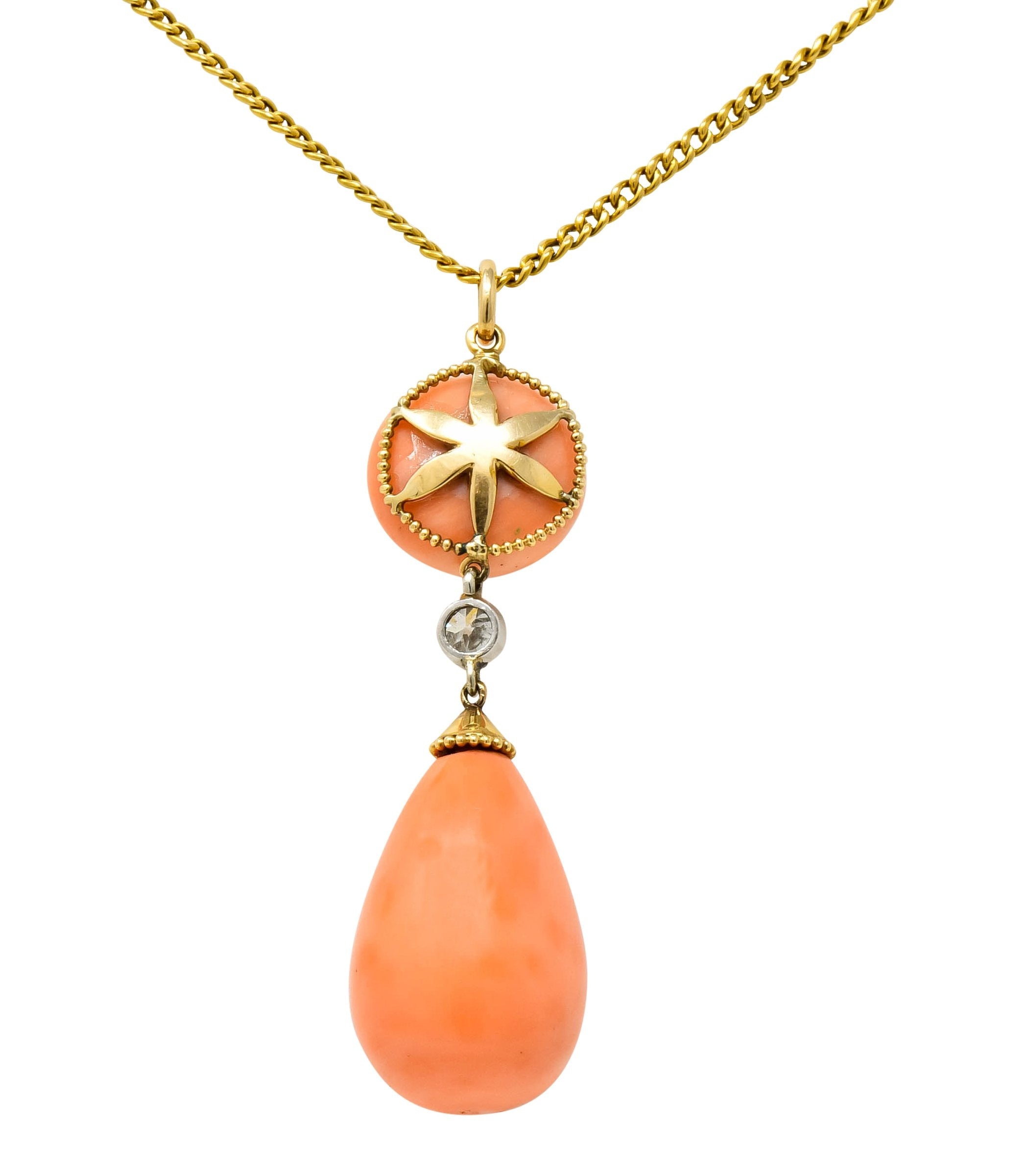 Edwardian Coral Diamond Platinum Gold Drop Pendant Necklace Circa 1940s - Wilson's Estate Jewelry