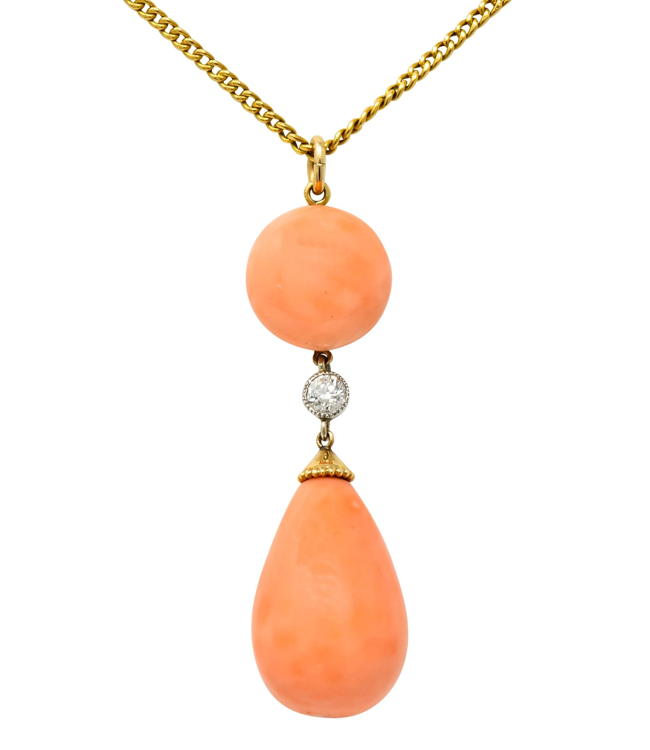 Edwardian Coral Diamond Platinum Gold Drop Pendant Necklace Circa 1940s - Wilson's Estate Jewelry