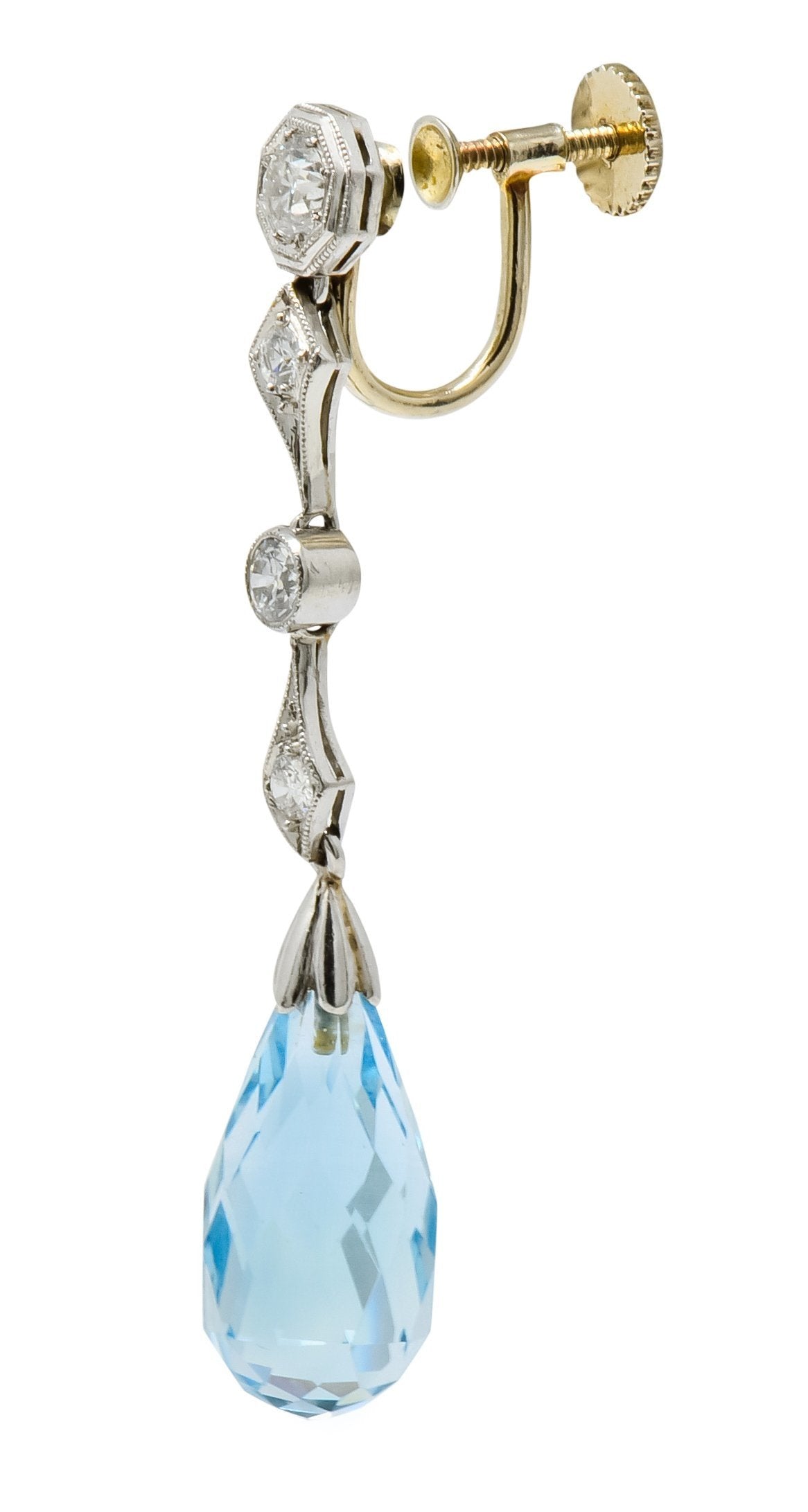 Edwardian Diamond Aquamarine Briolette Platinum Drop Earrings - Wilson's Estate Jewelry