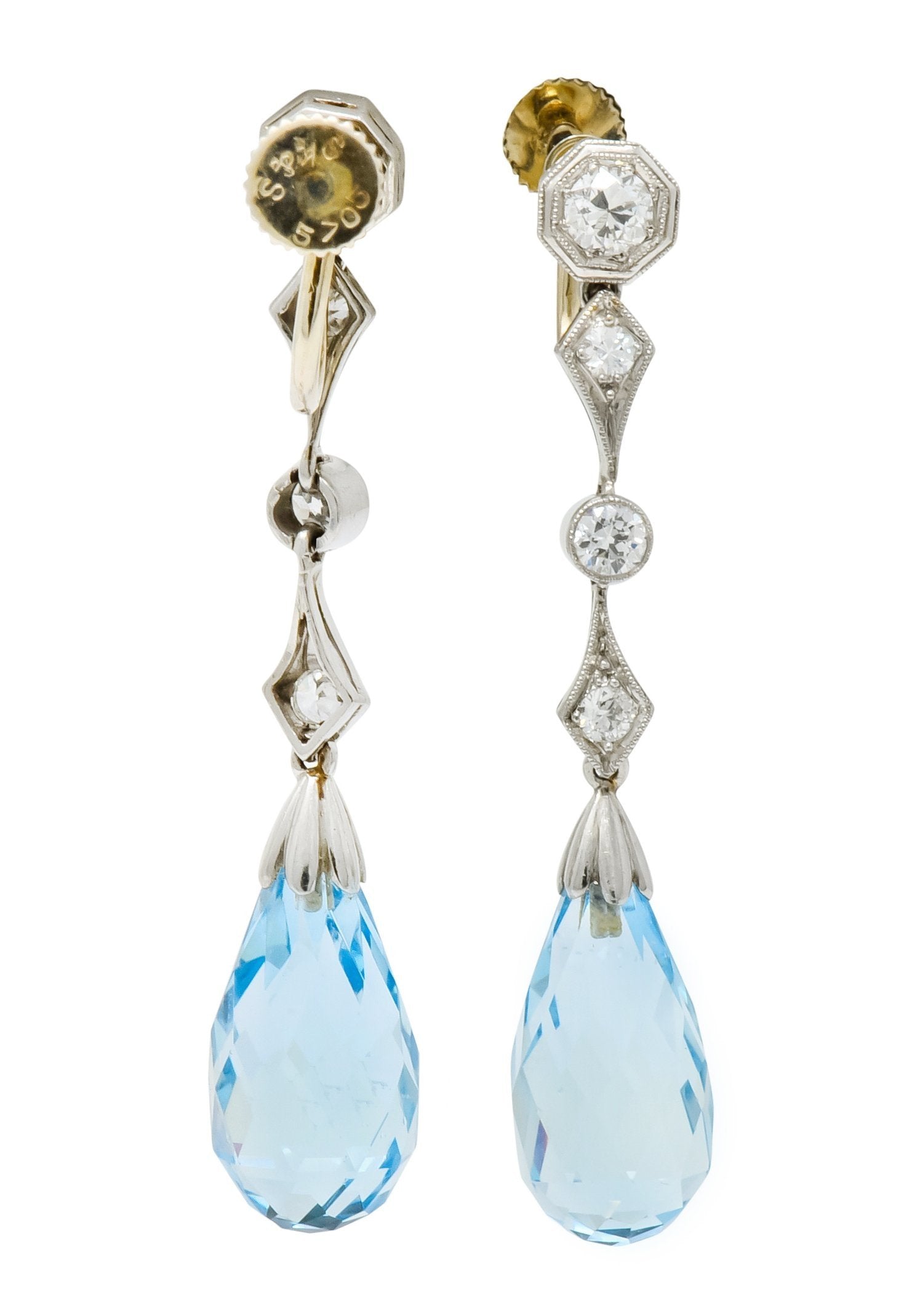 Edwardian Diamond Aquamarine Briolette Platinum Drop Earrings - Wilson's Estate Jewelry