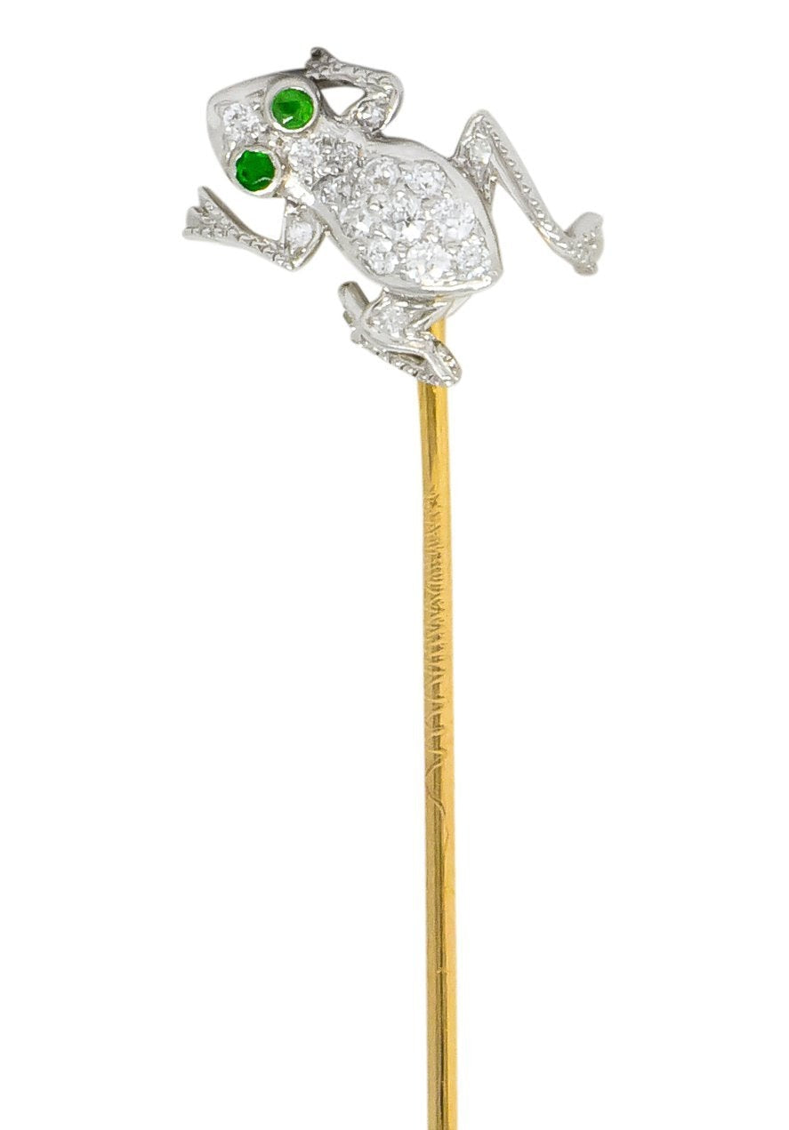 Edwardian Diamond Demantoid Garnet Platinum Gold Frog Stickpin - Wilson's Estate Jewelry