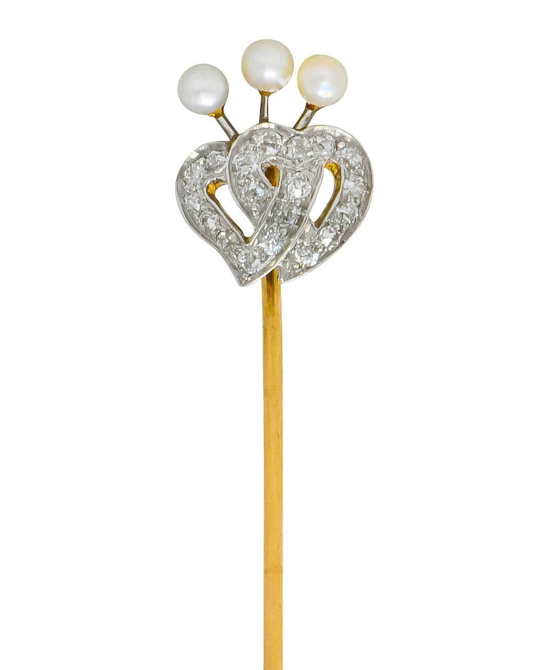 Edwardian Diamond Pearl Platinum-Topped 14 Karat Gold Double Heart Stickpin - Wilson's Estate Jewelry