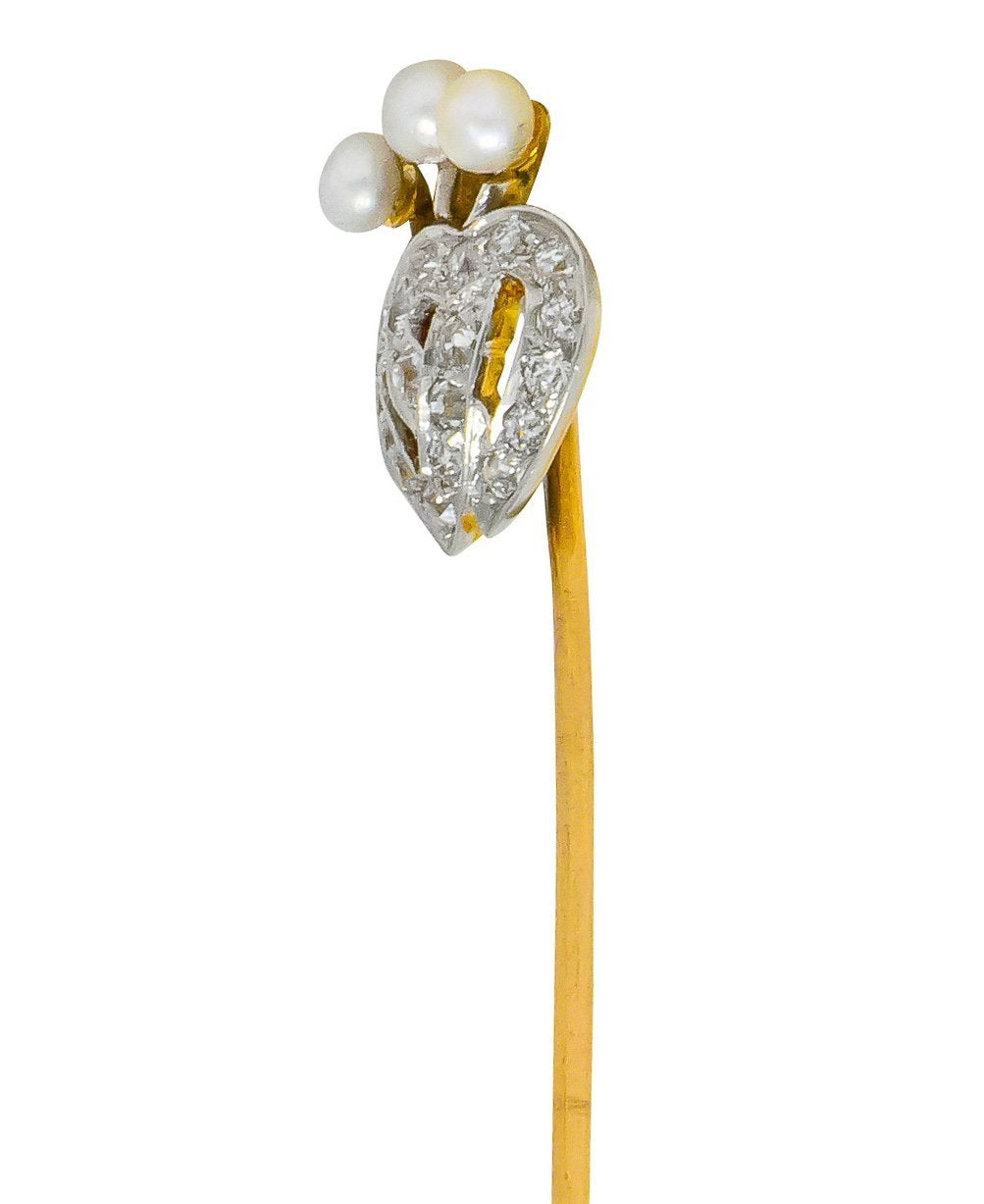 Edwardian Diamond Pearl Platinum-Topped 14 Karat Gold Double Heart Stickpin - Wilson's Estate Jewelry