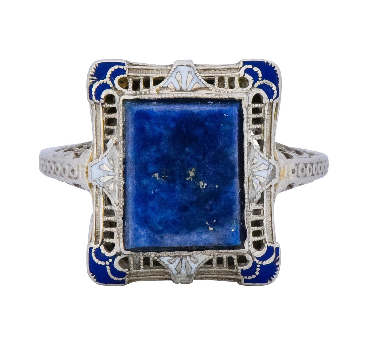 Edwardian Lapis Lazuli Enamel 14 Karat White Gold Dinner Ring - Wilson's Estate Jewelry