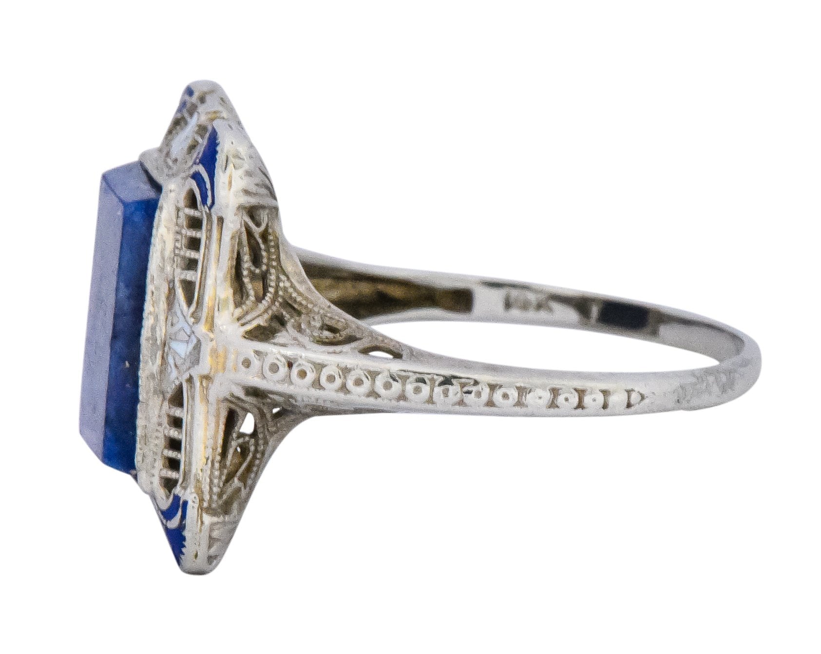 Edwardian Lapis Lazuli Enamel 14 Karat White Gold Dinner Ring - Wilson's Estate Jewelry