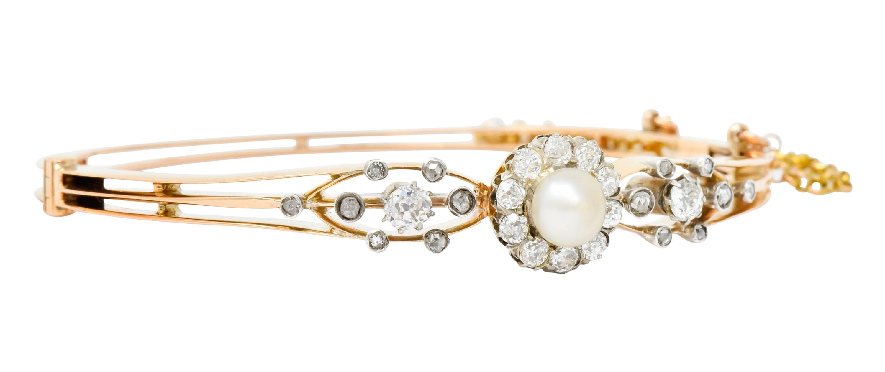 Edwardian Natural Pearl Diamond Cluster Platinum-Topped 14 Karat Gold Bangle Bracelet - Wilson's Estate Jewelry