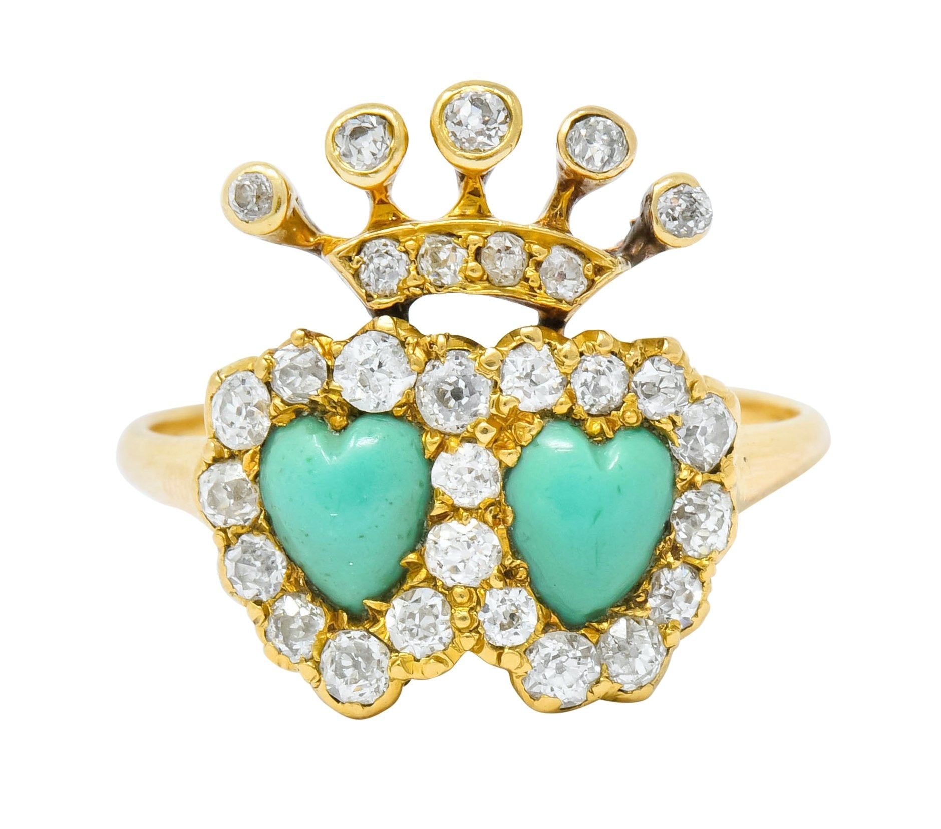 Edwardian Old European Diamond Turquoise 18 Karat Gold Double Heart Cluster Ring - Wilson's Estate Jewelry