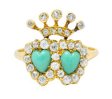 Edwardian Old European Diamond Turquoise 18 Karat Gold Double Heart Cluster Ring - Wilson's Estate Jewelry