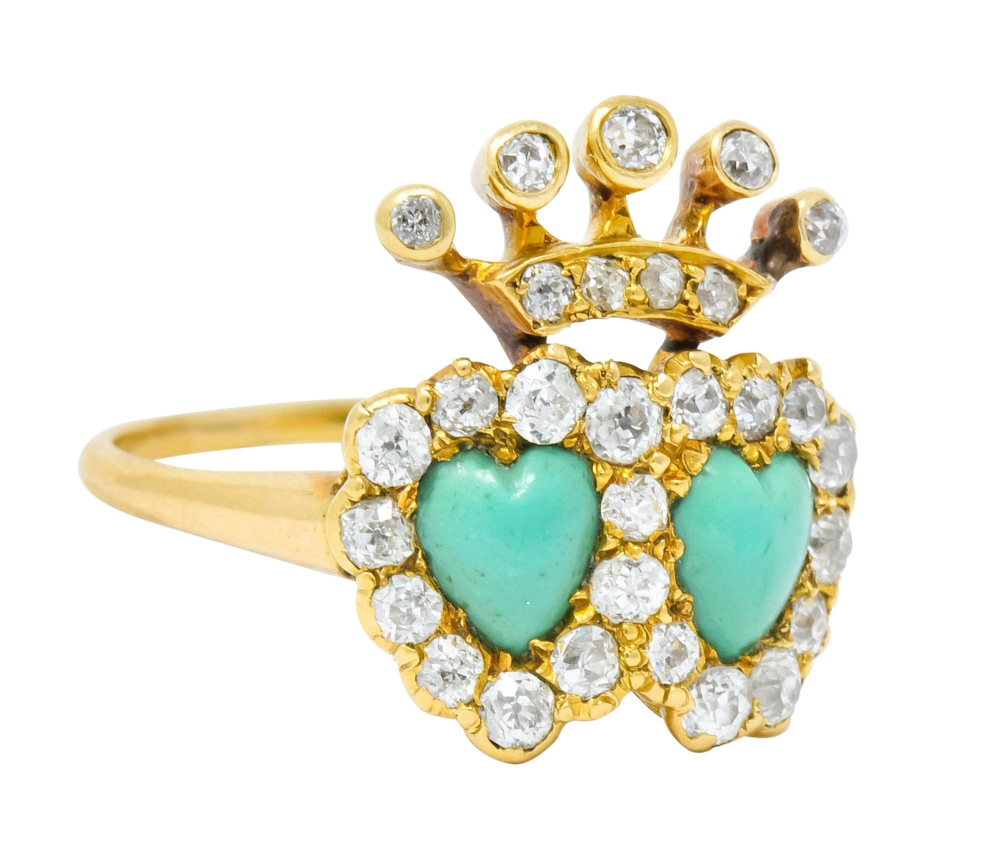 Edwardian Old European Diamond Turquoise 18 Karat Gold Double Heart Cluster Ring - Wilson's Estate Jewelry